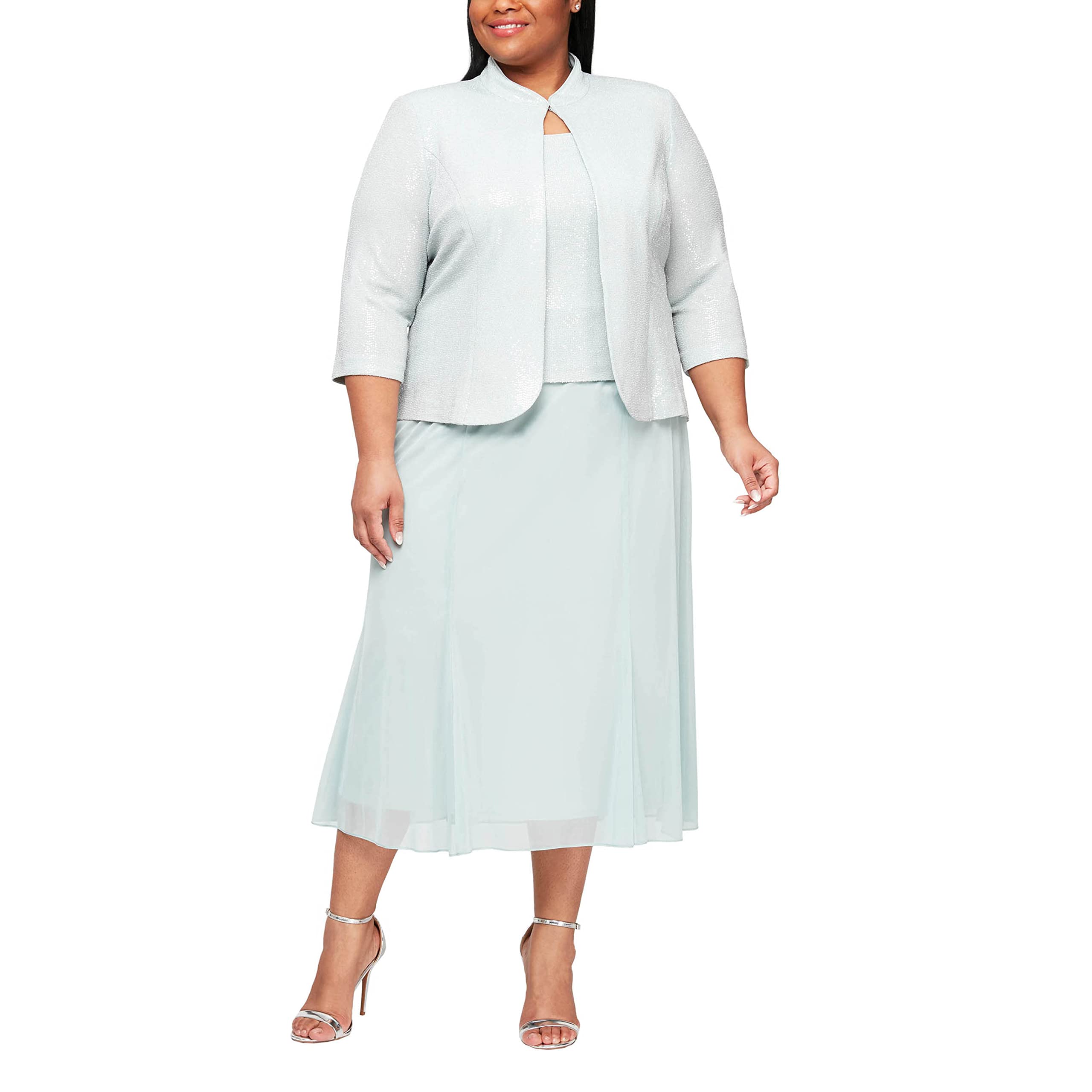 Alex Evenings Women's Plus Size Tea Length Button-Front Jacket Dress for Special Occasions - Mint Mandarin, Size 16 Plus | Perfect for Weddings, Parties & Formal Events