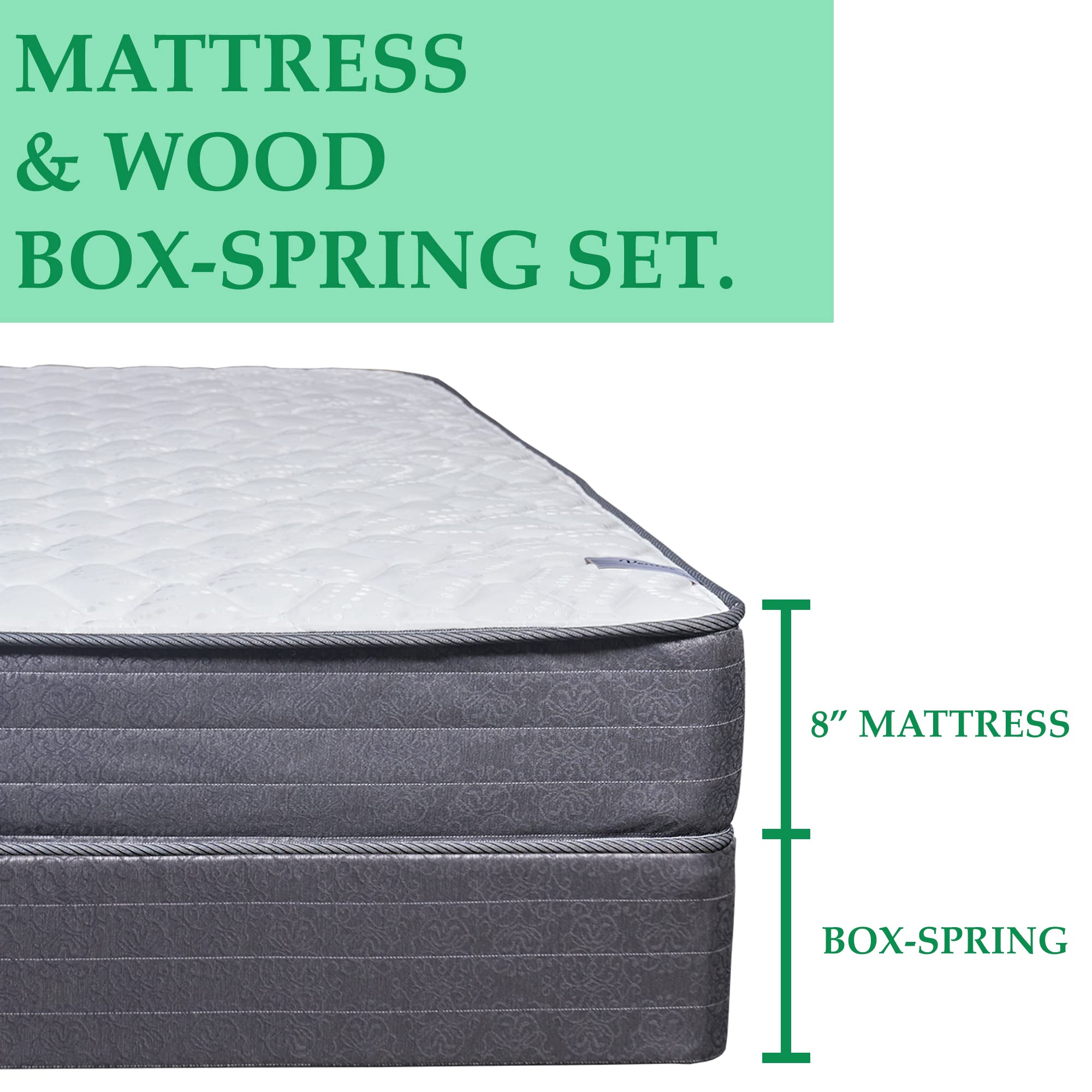 8-Inch Gentle Firm Supportive Yet Comfortable Innerspring Mattress with Wood Box Spring Foundation Set - Full Size Bed for Back Pain Relief & Pressure Point Support, Perfect for Guest Rooms, Dorms, and Small Bedrooms