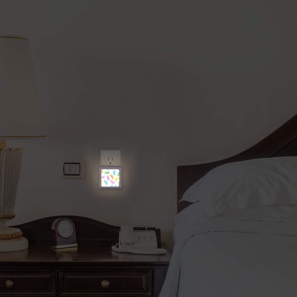 Dimmable LED Night Light with Auto On/Off Sensor - Adjustable Brightness Warm White Nightlight for Bathroom, Hallway, Nursery & Bedroom - Colorful Footprint Design - Perfect for Kids' Rooms, Stair Safety & Nighttime Bathroom Visits
