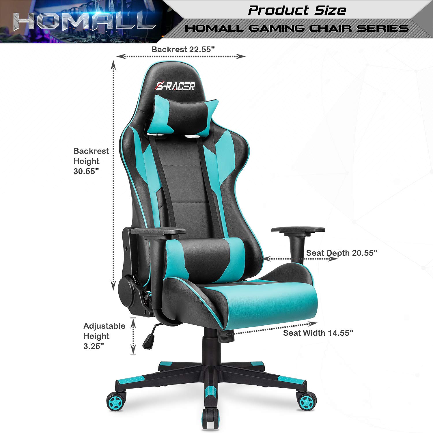 Homall Ergonomic Gaming Chair - High Back Office Chair with Adjustable Headrest & Lumbar Support, Leather Computer Desk Chair for Racing, Executive & Home Use (Cyan) - Perfect for Gaming, Working & Relaxing