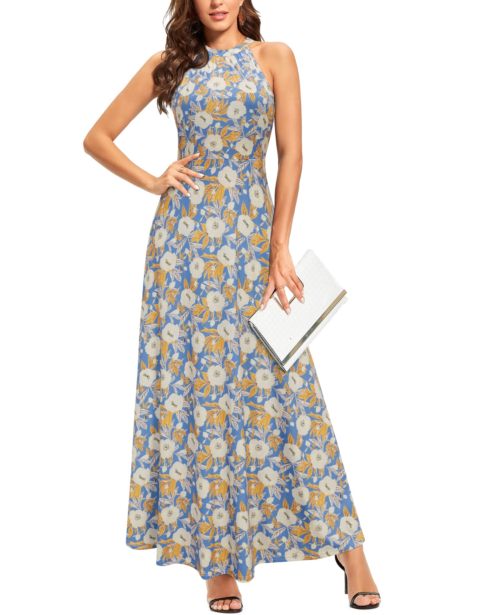 STYLEWORD Women's 2023 Summer Maxi Dress - Floral Hawaiian Beach Halter Neck Formal Long Gown for Wedding Guest, Spring Party & Vacation | Perfect for Beach Weddings, Tropical Vacations & Summer Events