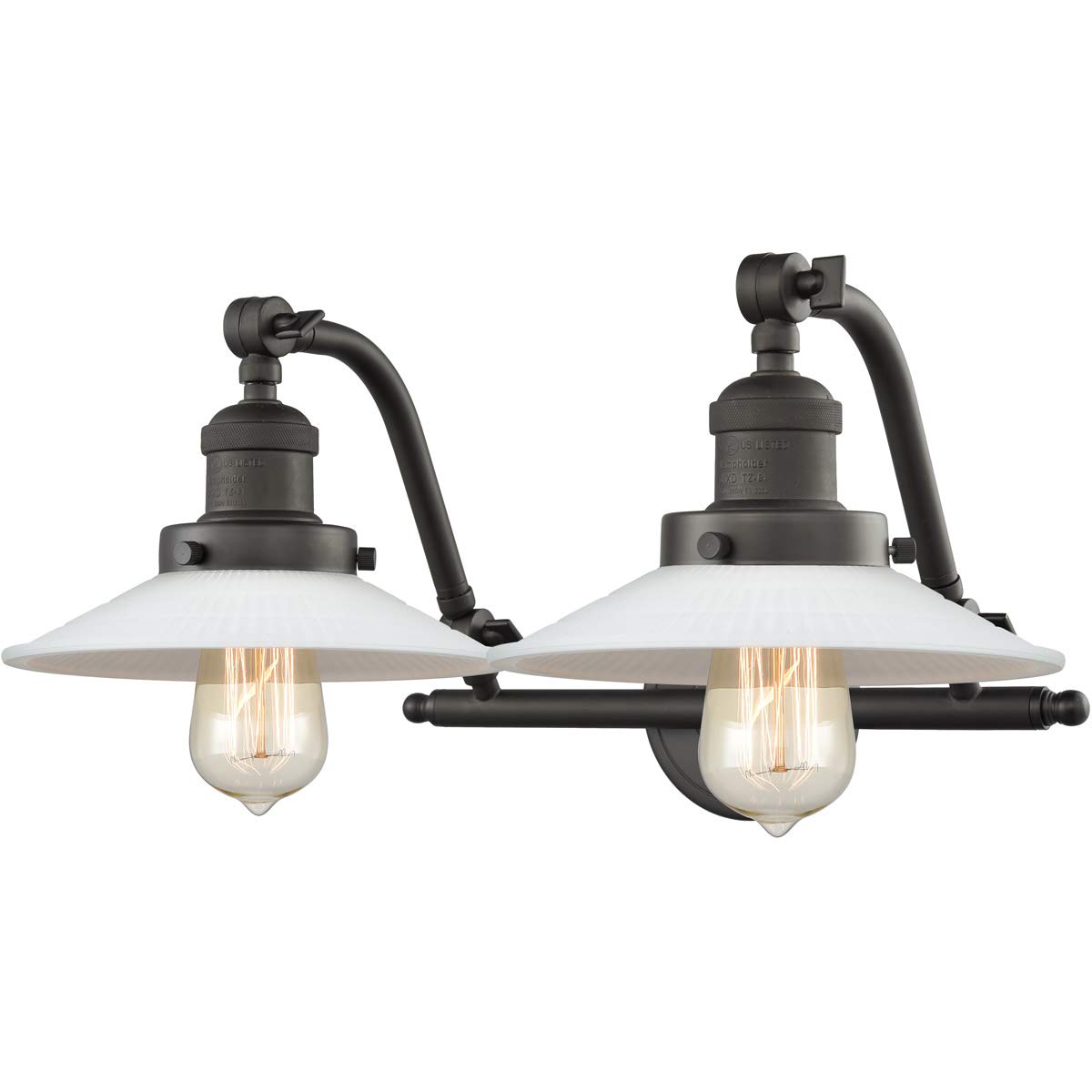 Oil Rubbed Bronze Bathroom Vanity Light Fixture - 18 Inch Wide White Glass Shade with Steel/Cast Brass Base - 2 Light Sconce for Bathroom Mirror Lighting, Powder Room & Dressing Area