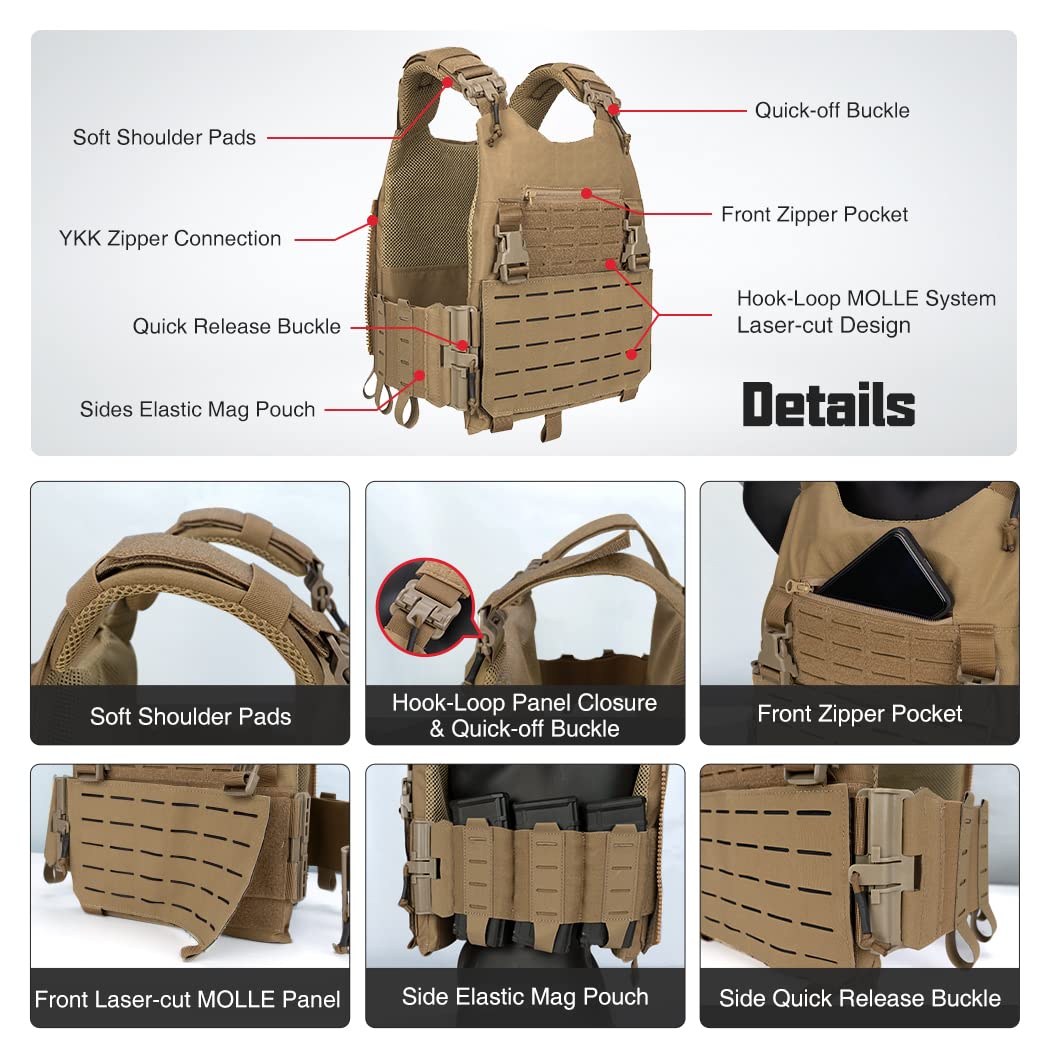 IDOGEAR Tactical Combat Vest for Hunting, Airsoft & Outdoor Training - Adjustable Coyote Brown Body Armor for Men - Perfect for Military Simulation, Paintball & Survival Games