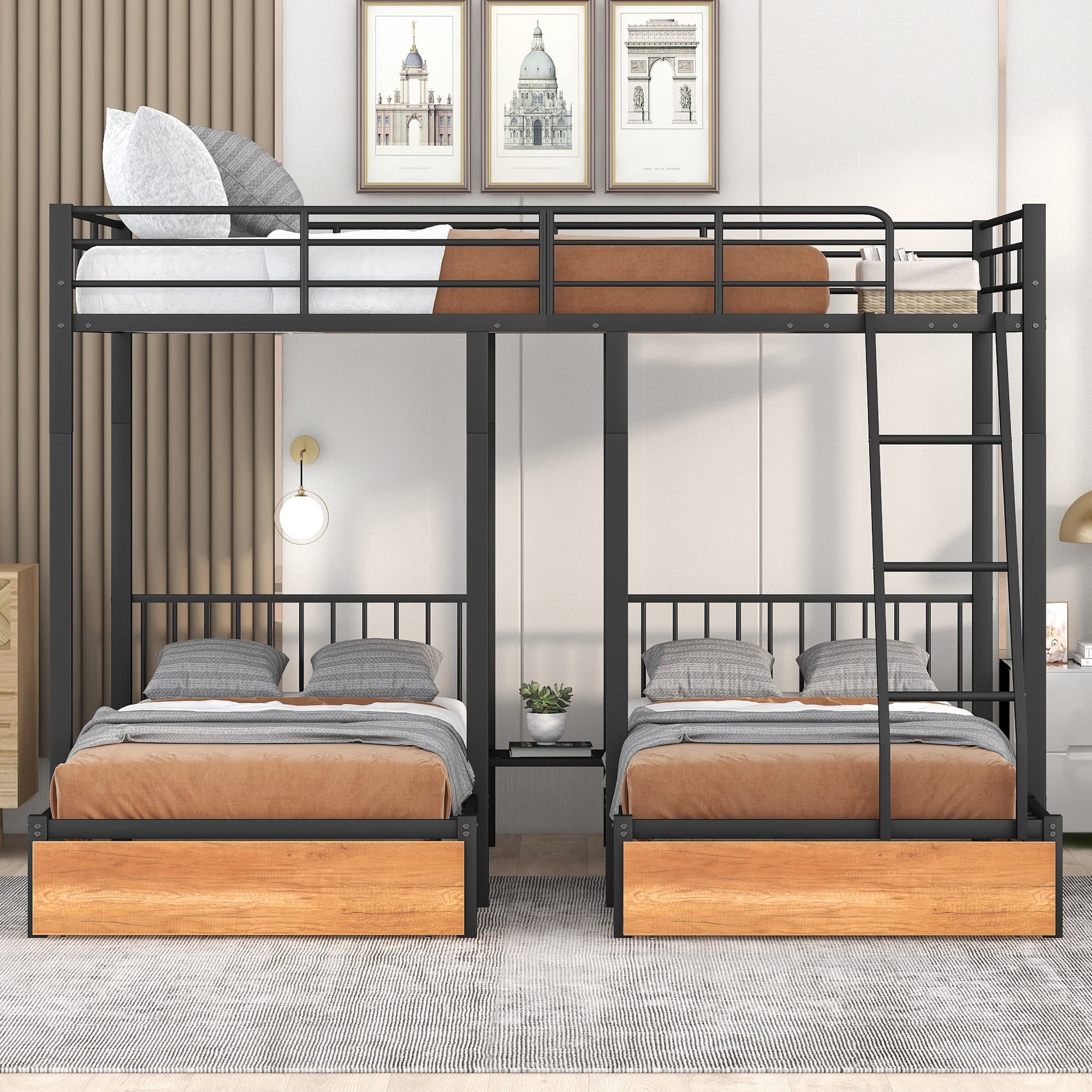 BOVZA Triple Bunk Bed with Storage - Full/Twin Metal Bunk for Kids & Adults - Convertible to 3 Beds - Perfect for Small Spaces & Dorms