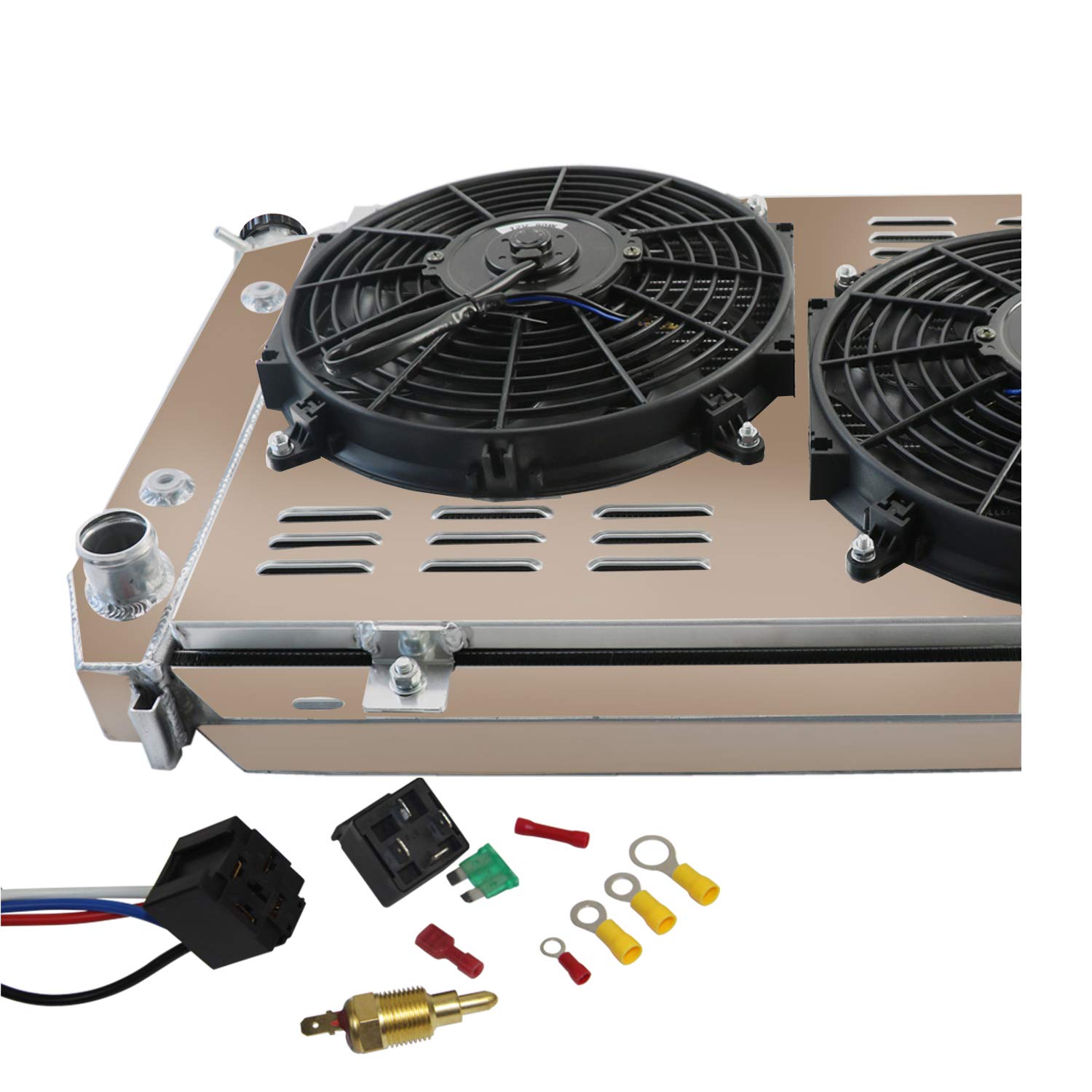 ECMRAD 4 Row Aluminum Radiator Shroud Fan Kit Compatible with 1979-1993 Ford Mustang GT LX 5.0L 2.3L V8 302 AT/MT - High Performance Cooling for Street Racing & Hot Rod Upgrades