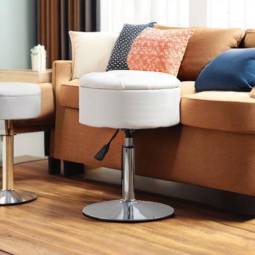LUE BONA 360° Swivel Vanity Stool Chair with Storage - Adjustable Height Makeup Stool, Small White Faux Leather Stool for Bathroom, Living Room & Dressing Room - Perfect for Makeup, Reading & Relaxing