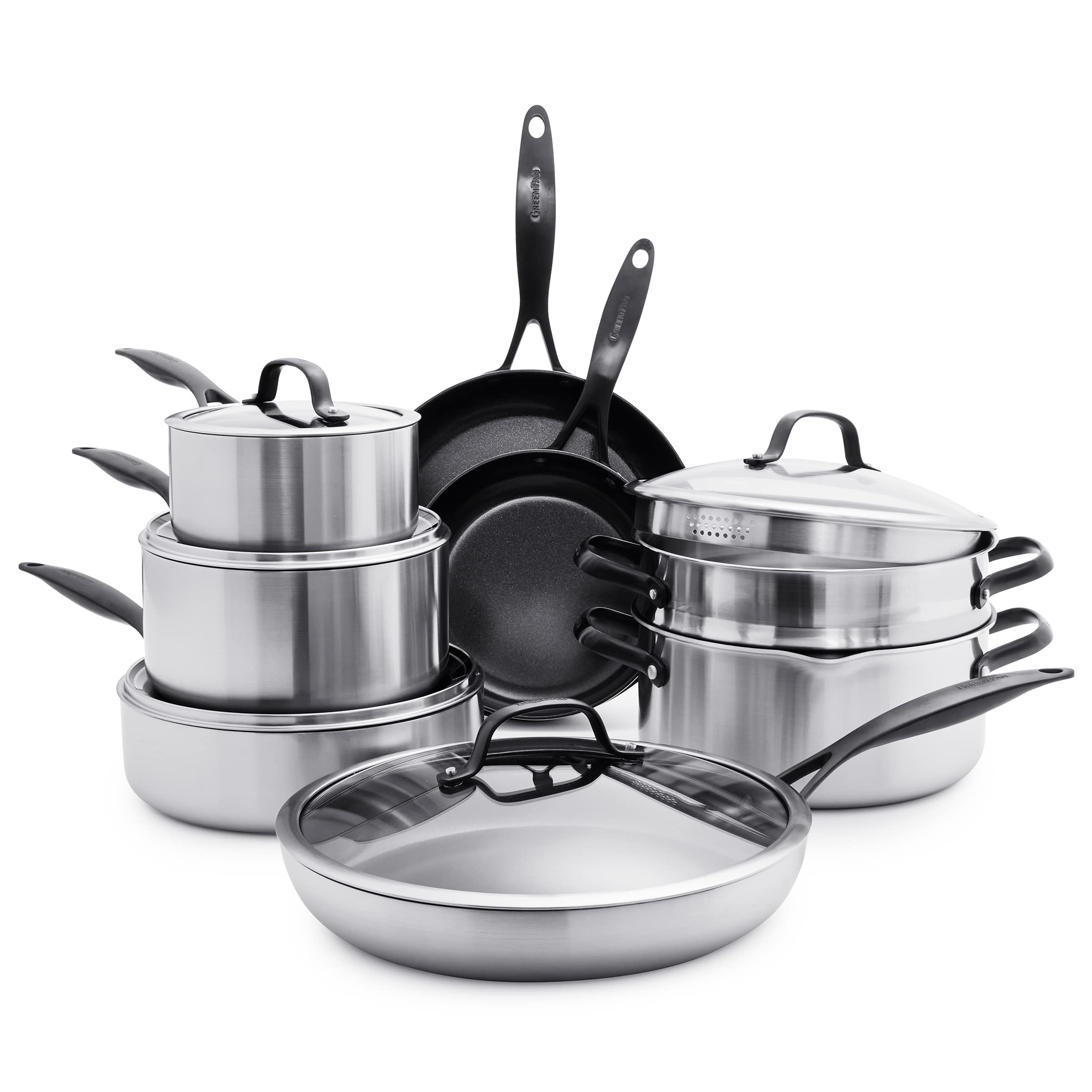 GreenPan Venice Pro Noir Tri-Ply Stainless Steel Healthy Ceramic Nonstick 13-Piece Cookware Set - PFAS-Free, Induction Compatible, Oven & Dishwasher Safe - Matte Black Handles for Modern Kitchens - Perfect for Sautéing, Boiling & Frying