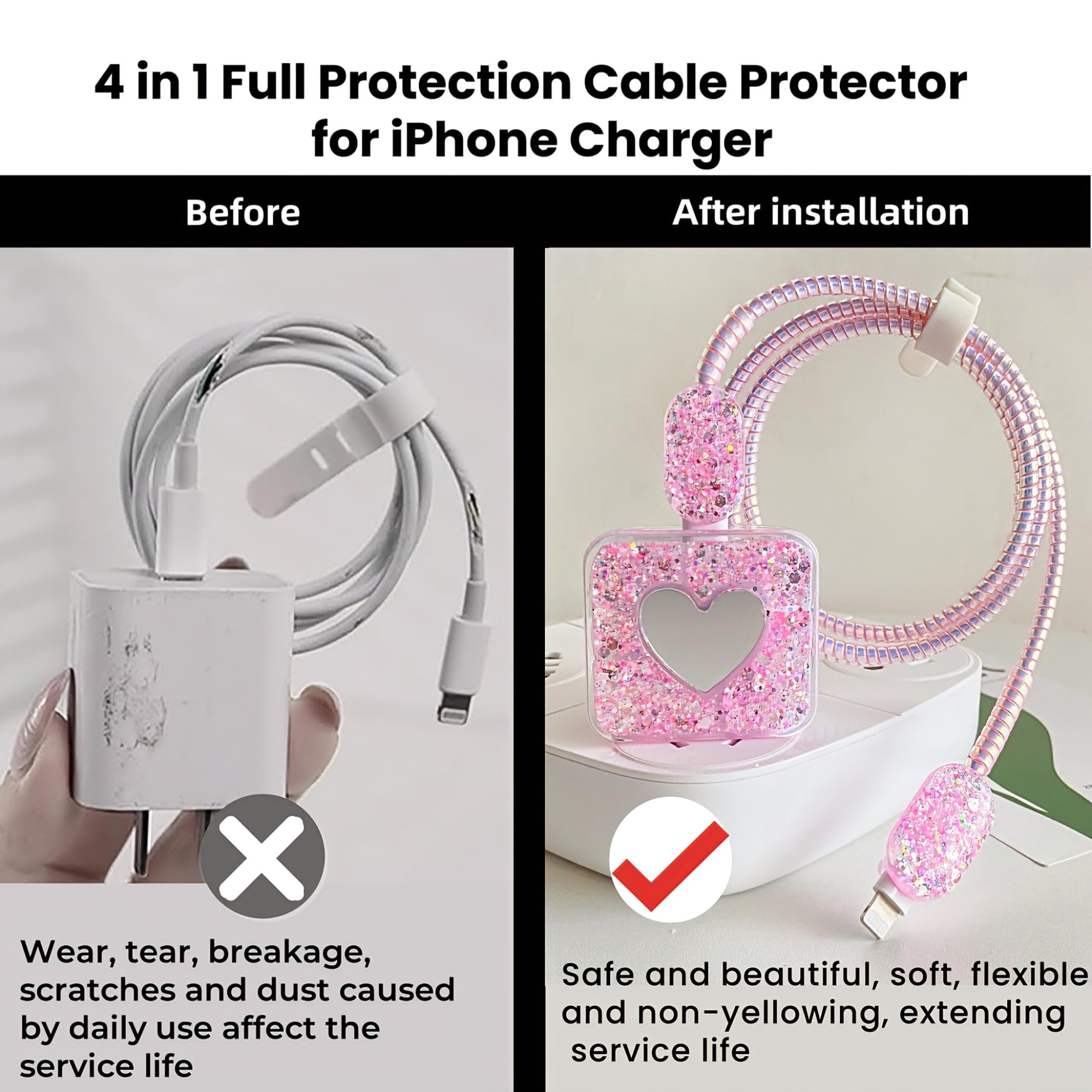 Premium iPhone 18W/20W Charger Cable Protector - Cute Heart Mirror Design, Soft Cord Saver for Women & Girls (Pink) | Perfect for Home, Office & Travel Accessories