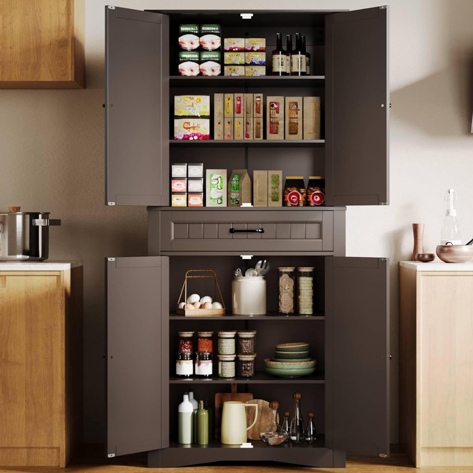 Gizoon 71 Inch Freestanding Pantry Cabinet with 4 Doors & 4 Adjustable Shelves - Large Storage Organizer for Kitchen, Bathroom, Living Room - Perfect for Storing Food, Toiletries & Home Essentials