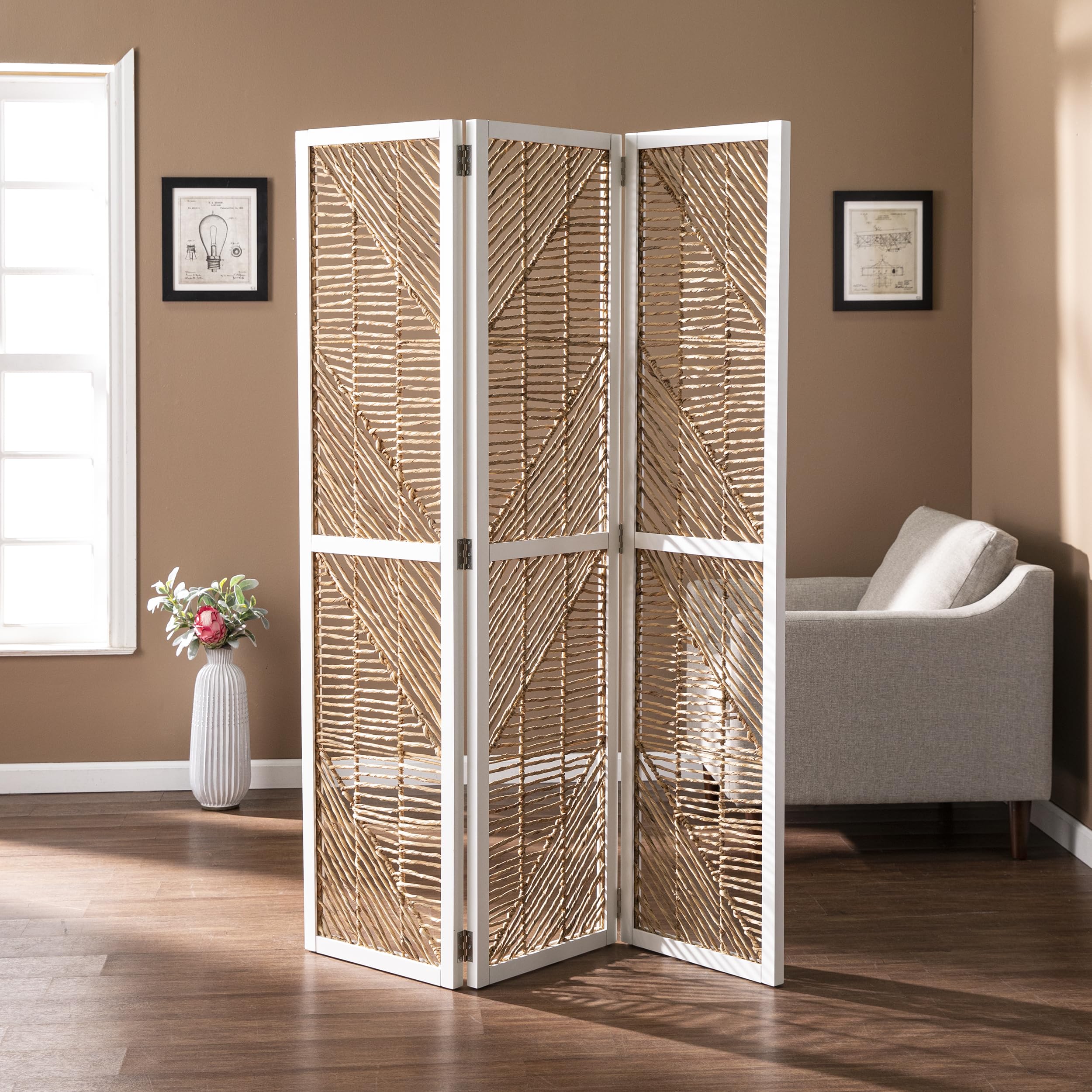 SEI Furniture Quilino Natural Woven Room Divider Screen - Handmade Rattan Partition for Living Room, Bedroom & Office Privacy Decor