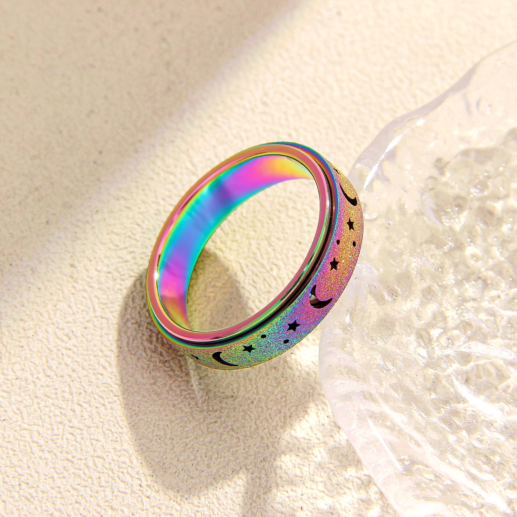Anxiety Spinner Ring for Women & Men - 6mm Stainless Steel Moon Star Jewelry Gift for Stress Relief
