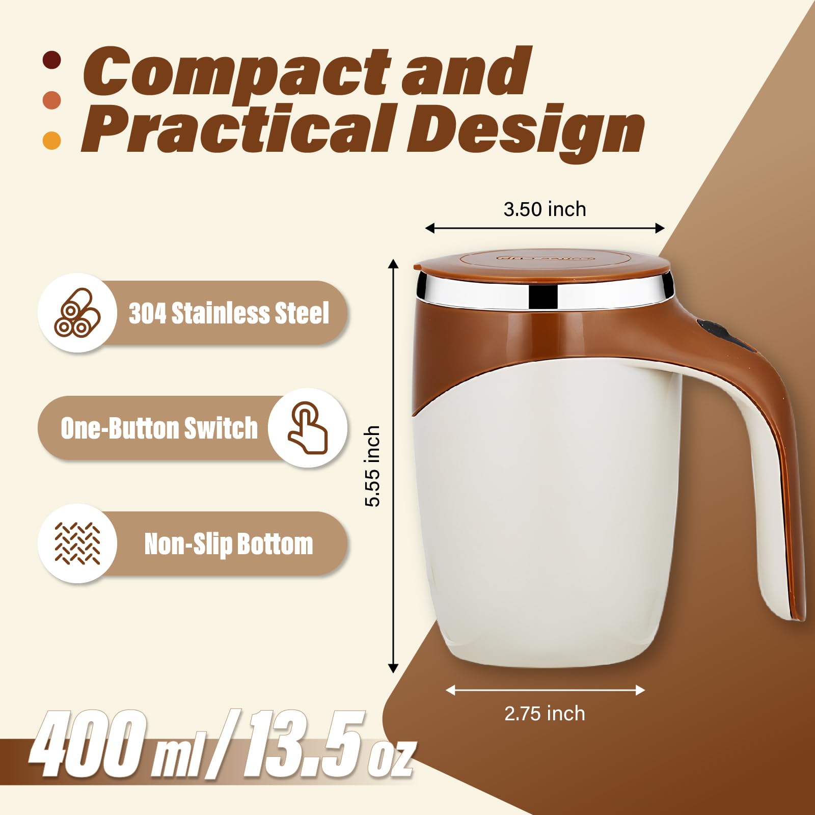 Automatic Magnetic Stirring Coffee Mug - Rechargeable Self Mixing Stainless Steel Cup with Lid | Perfect for Coffee, Tea & Hot Chocolate at Home, Office or Travel