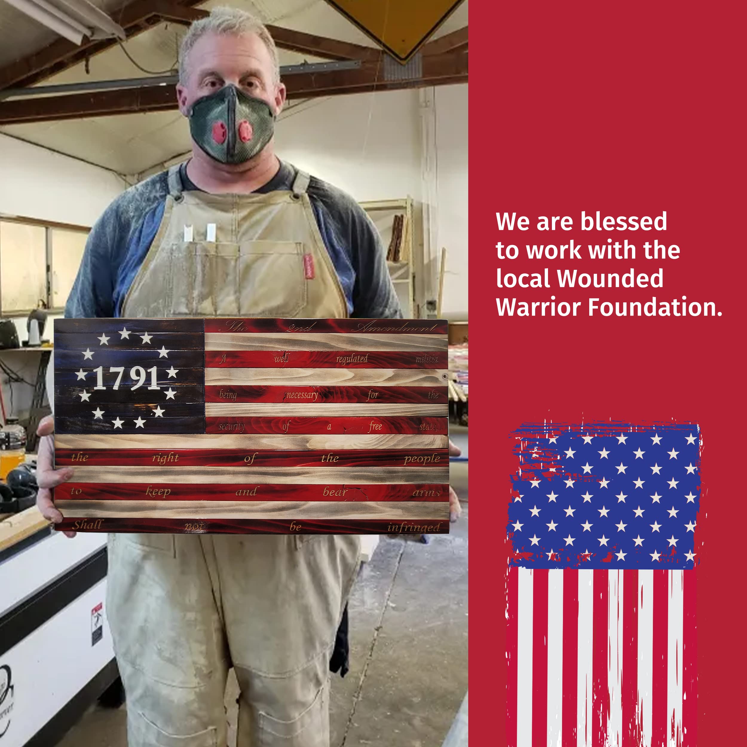 13 Stars 1791 Laser Etched 2nd Amendment American Flag - Handmade Wooden Wall Art for Home Decor, Independence Day & Patriotic Room Decor - Large 3Ft Indoor Flag Made in USA by Pioneer Pacific Flags - Perfect for Living Rooms, Offices & Man Caves