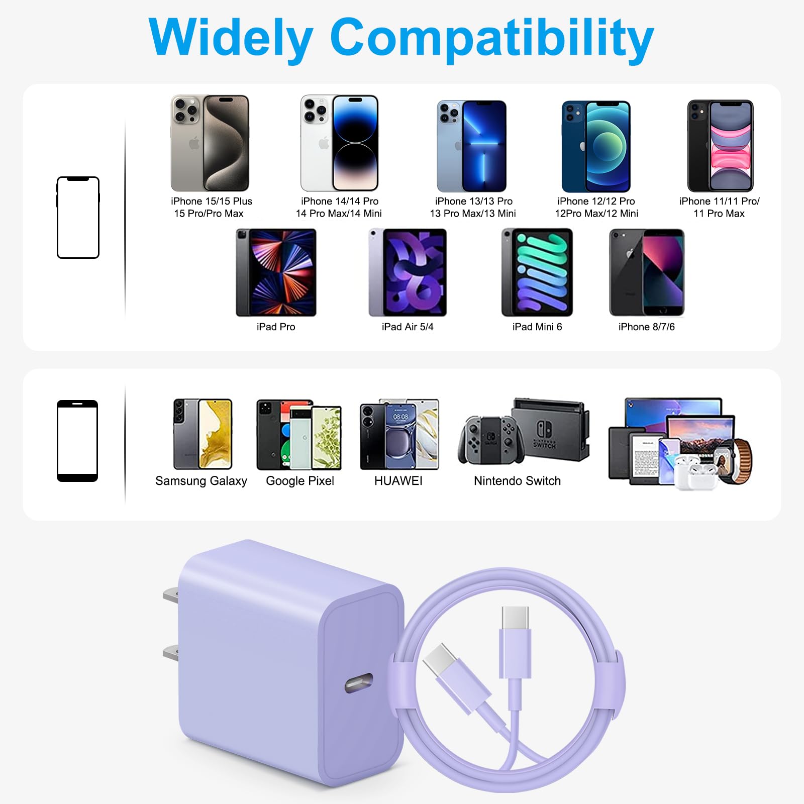 Apple MFi Certified USB C Fast Charger - 20W PD Wall Charger Block with 6FT USB C to C Cable - Compatible with iPhone 16/15/Pro/Pro Max, iPad Pro/Air, AirPods, Samsung & Android Phones - Perfect for Home, Office & Travel Charging