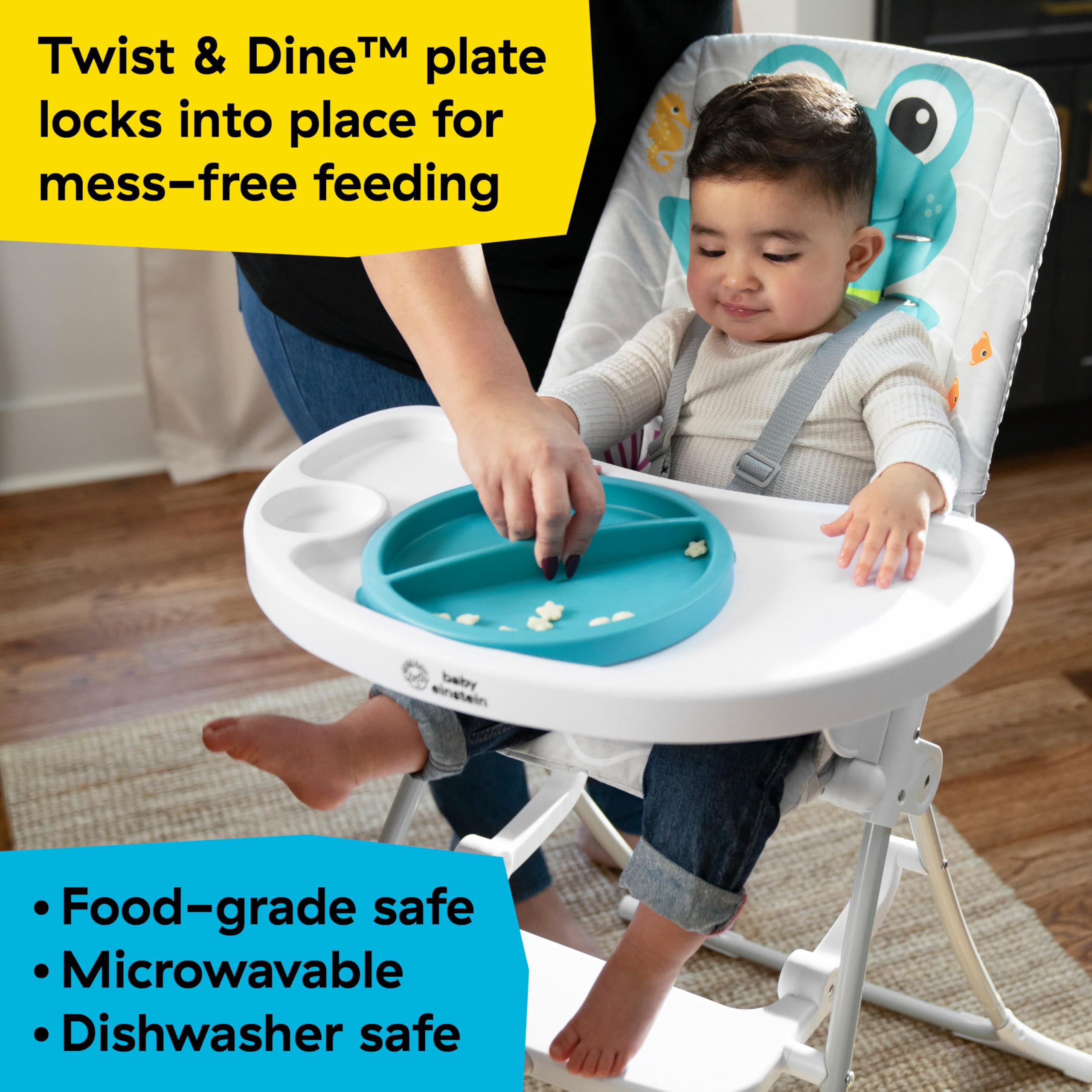 Baby Einstein Ocean Explorers Compact Folding High Chair with Water Mat - 5-Point Safety Harness for Infants 6+ Months | Portable Feeding & Play Seat for Beach, Poolside & Outdoor Adventures