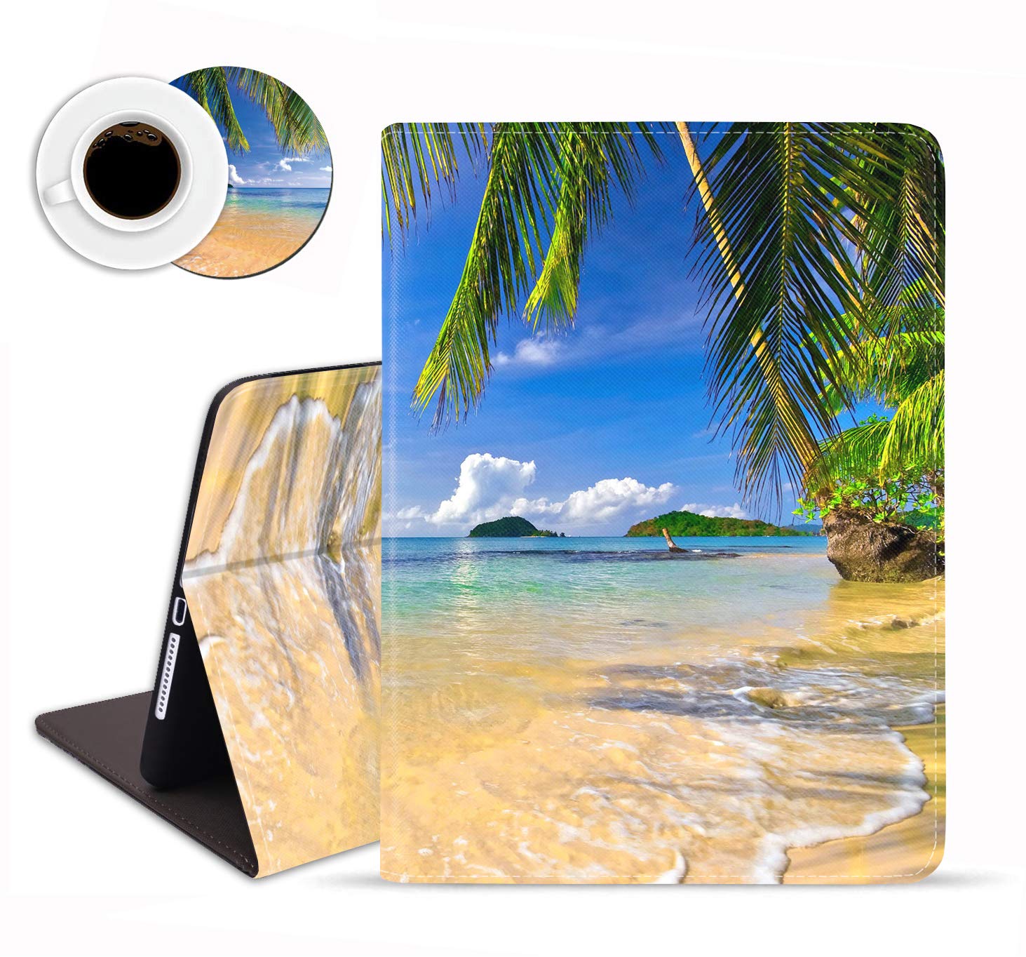 Premium Leather Case for iPad 9.7 (2017/2018), iPad Air 2 & iPad Air - Auto Wake/Sleep Smart Cover with Adjustable Stand | Tropical Beach Shore Palms Design | Perfect for Work, Travel & Home Use
