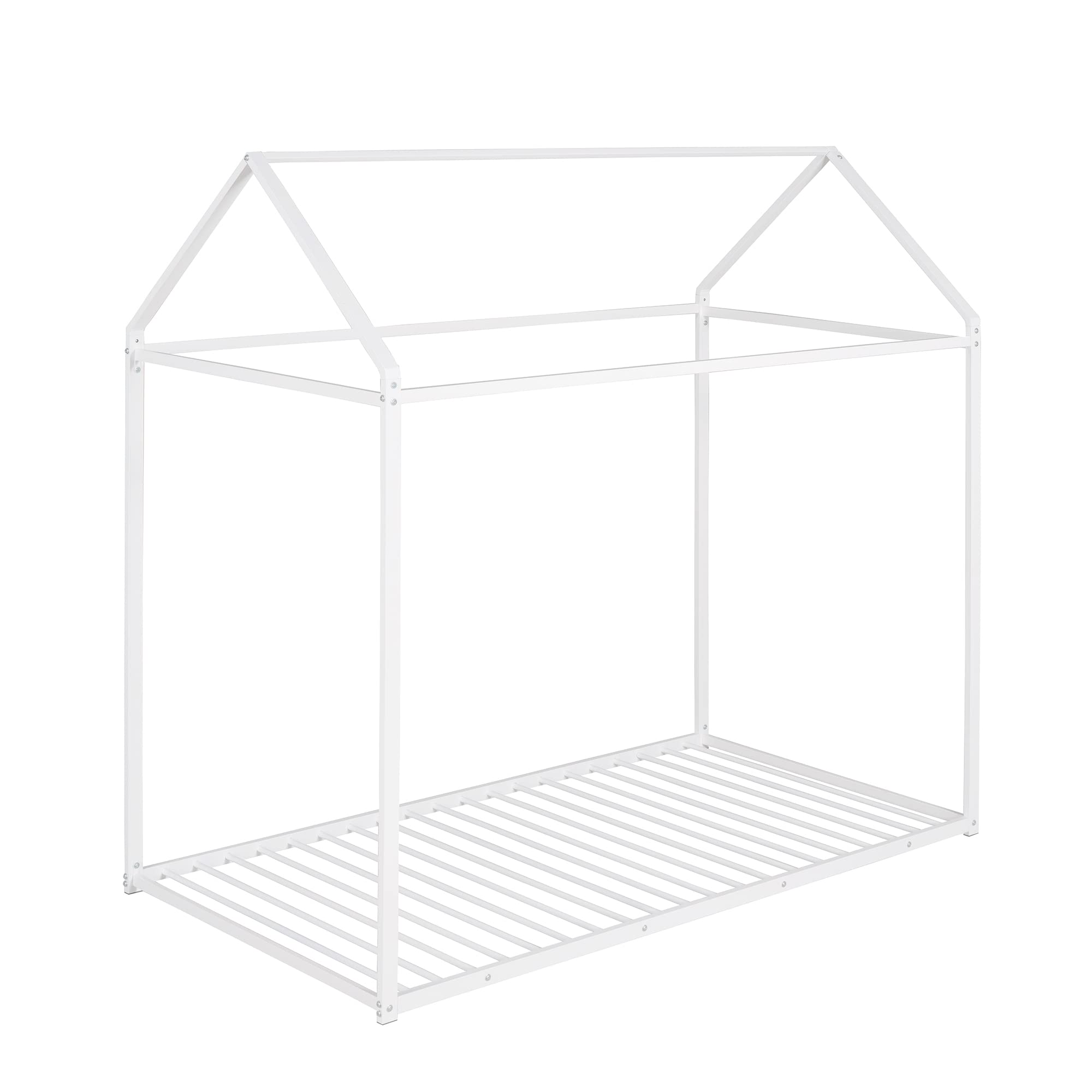 Montessori Twin Metal House Bed for Kids & Toddlers - No Box Spring Needed, Noise-Free, White - Perfect for Montessori Bedrooms, Playrooms & Kids' Sleepovers