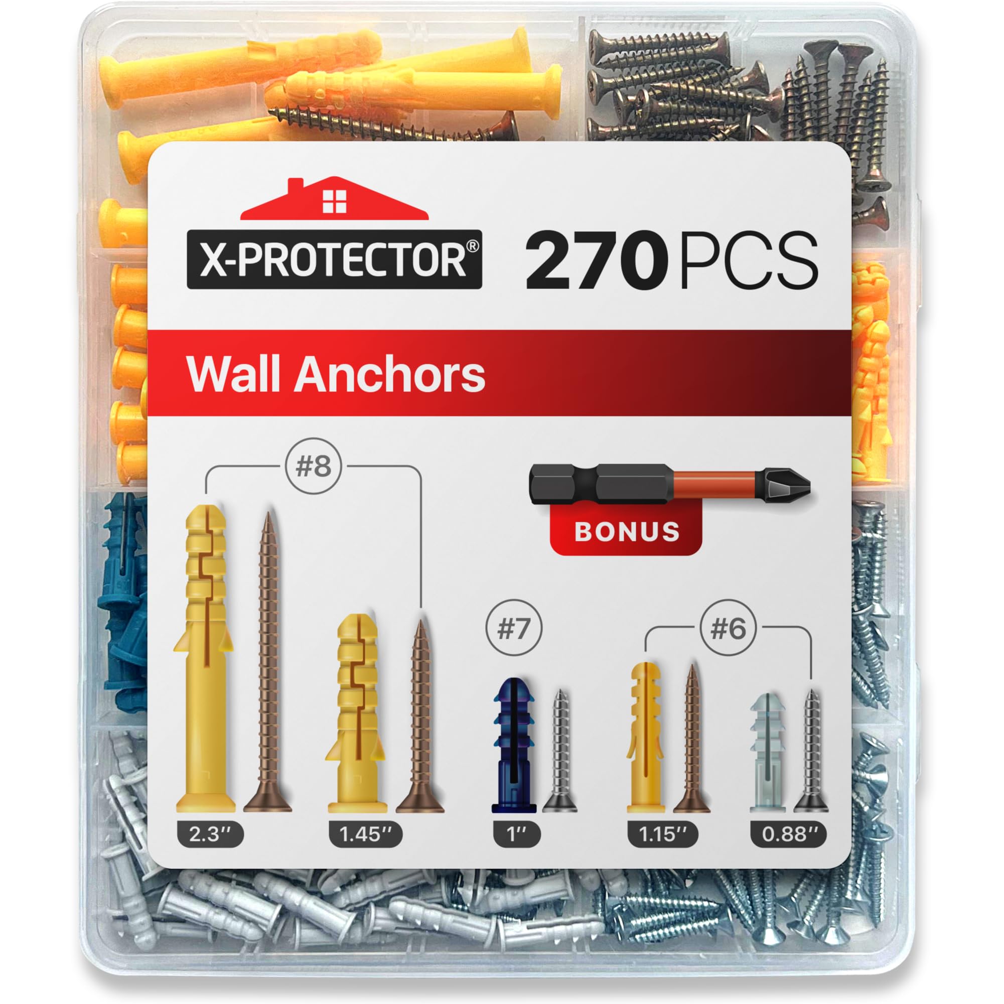 X-Protector Drywall Anchors 270 PCS Set - #6 #7 #8-135 Wall Anchors with 135 Flat Head Screws - Heavy Duty Drywall Anchors Kit for Concrete, Brick & Hollow Walls - Perfect for Hanging Shelves, TVs, Mirrors & Home Decor