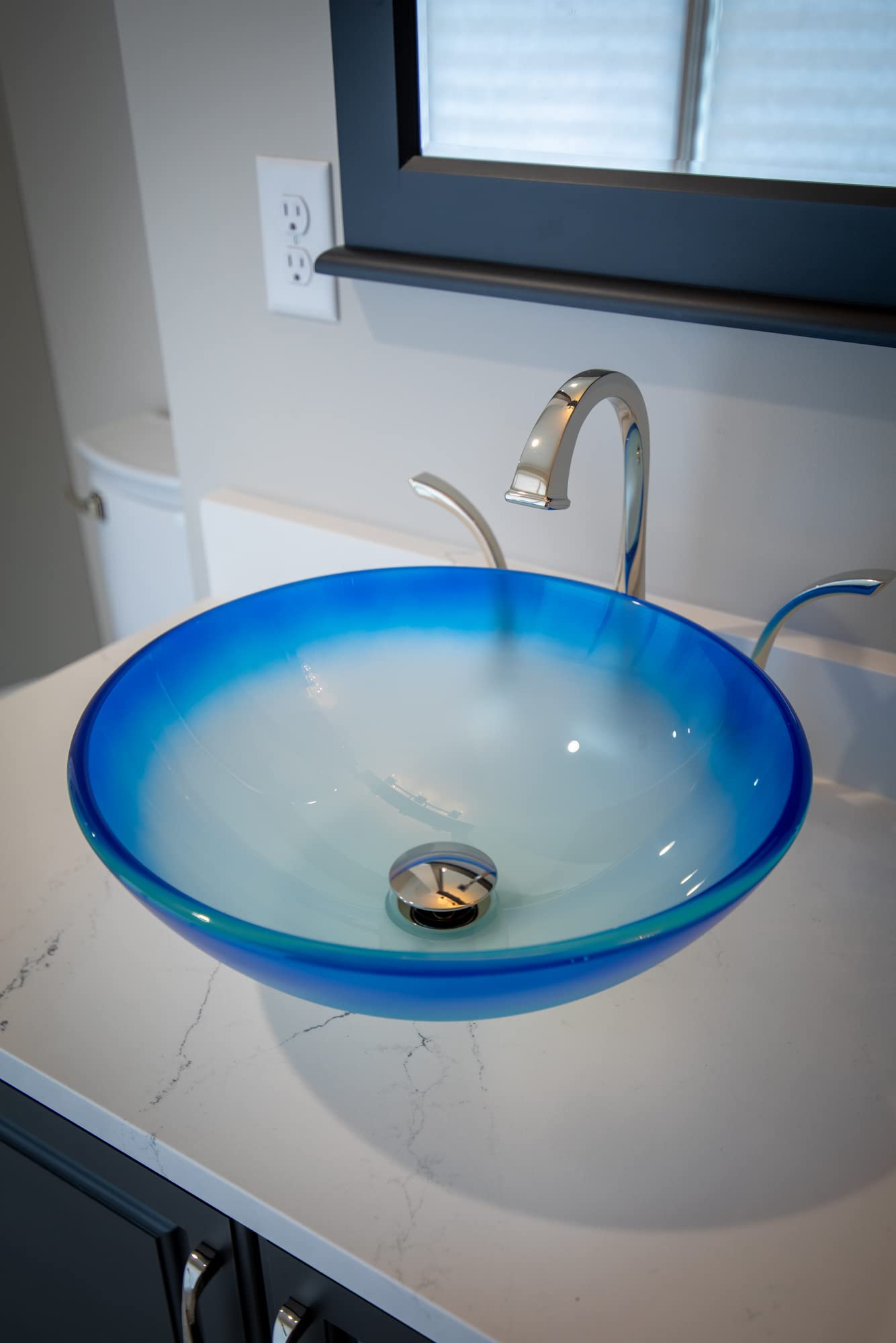 Frosted Blue Round Glass Vessel Bathroom Sink - Modern Above Counter Basin for Vanity, Powder Room, and Luxury Home Decor