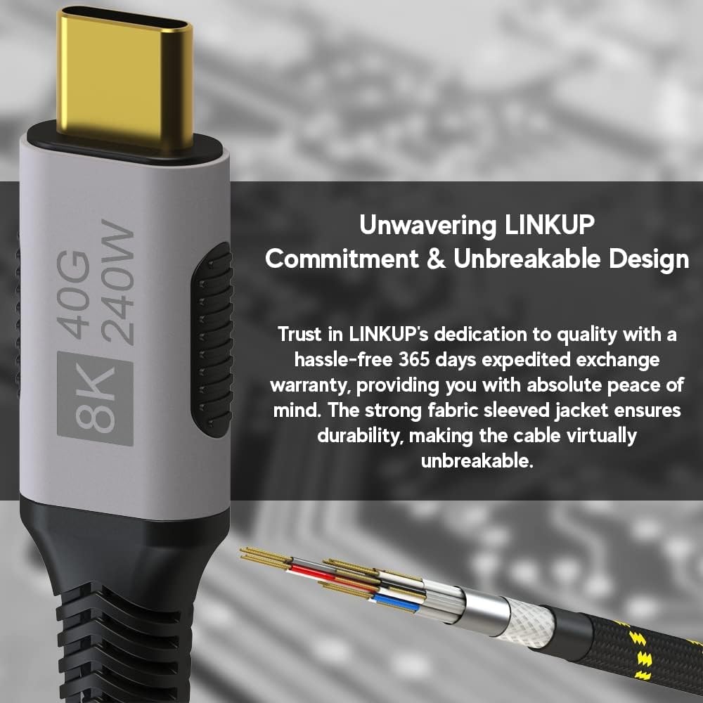 LINKUP USB 4.0 Type-C Thunderbolt 4 Cable 240W 40Gbps 8K@60Hz - 3ft Fast Charging & Data Transfer for iPhone 15/16 Pro/Max, MacBook Pro/Air, iPad Pro, Galaxy S23 - Durable Braided Nylon for Home Office & Travel