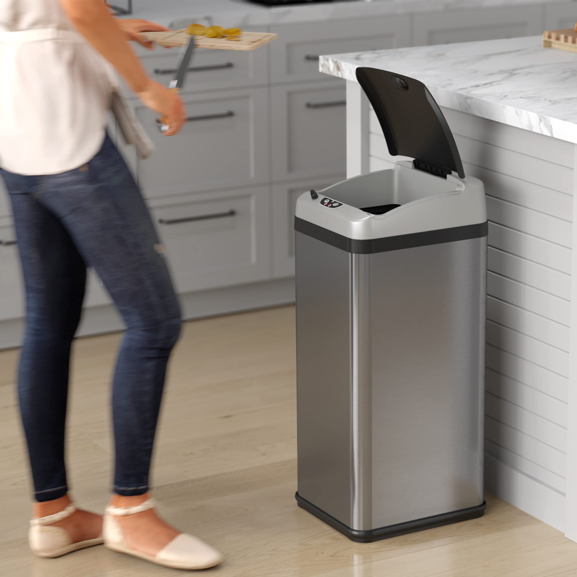 iTouchless 13 Gallon Stainless Steel Automatic Sensor Trash Can with Odor Control, AC Adapter & 10 Premium Bags - Hands-Free Kitchen Garbage Bin with Large Lid Opening for Home, Office, or Restaurant Use