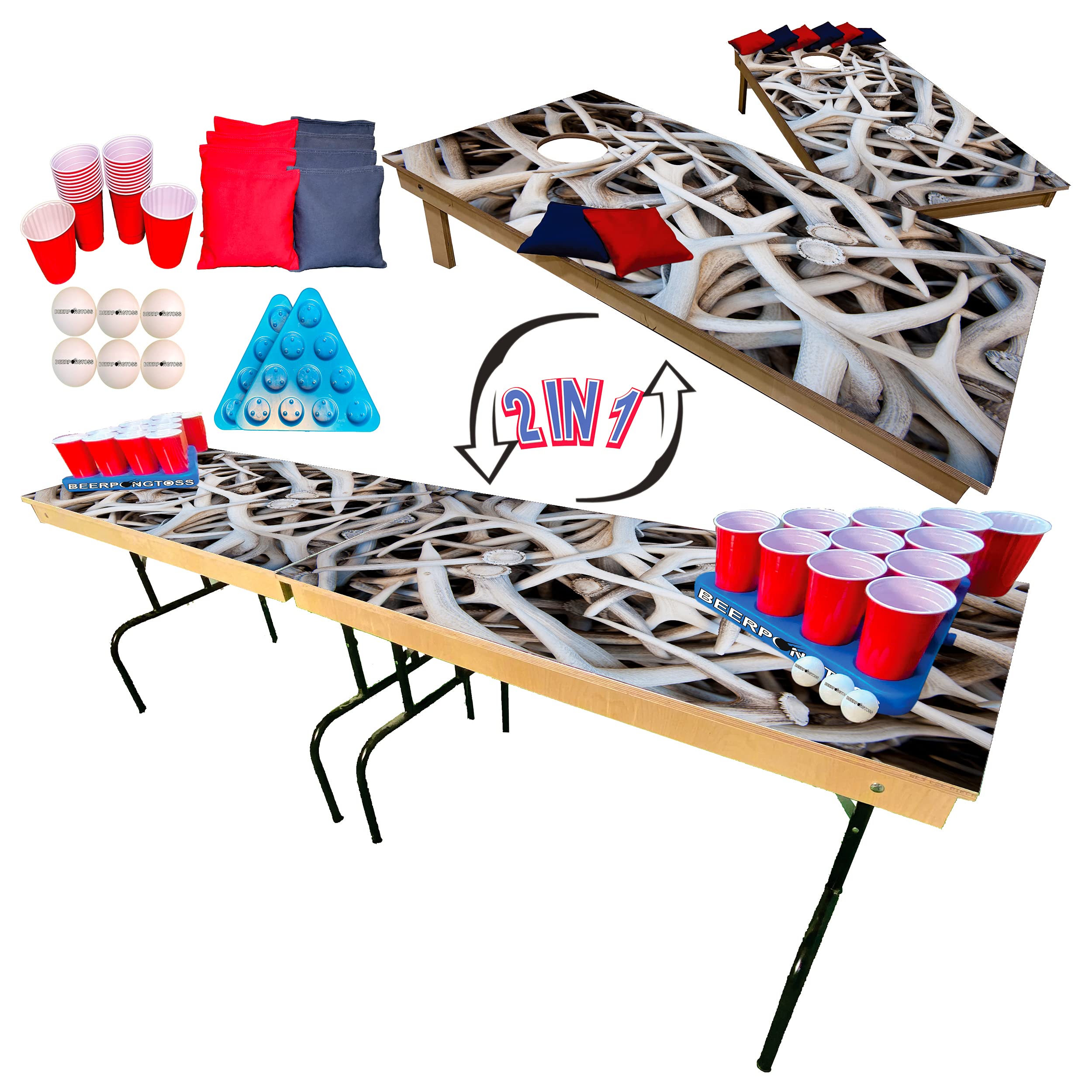 2-in-1 Cornhole & Beer Pong Game Set - 8ft Portable Tailgate Table with 2 Cornhole Boards (4x2ft), 8 Bags, 22 Cups, 6 Balls & 2 Antler Racks - Perfect for College Parties, Backyard BBQs, Hunting Trips & Outdoor Gatherings