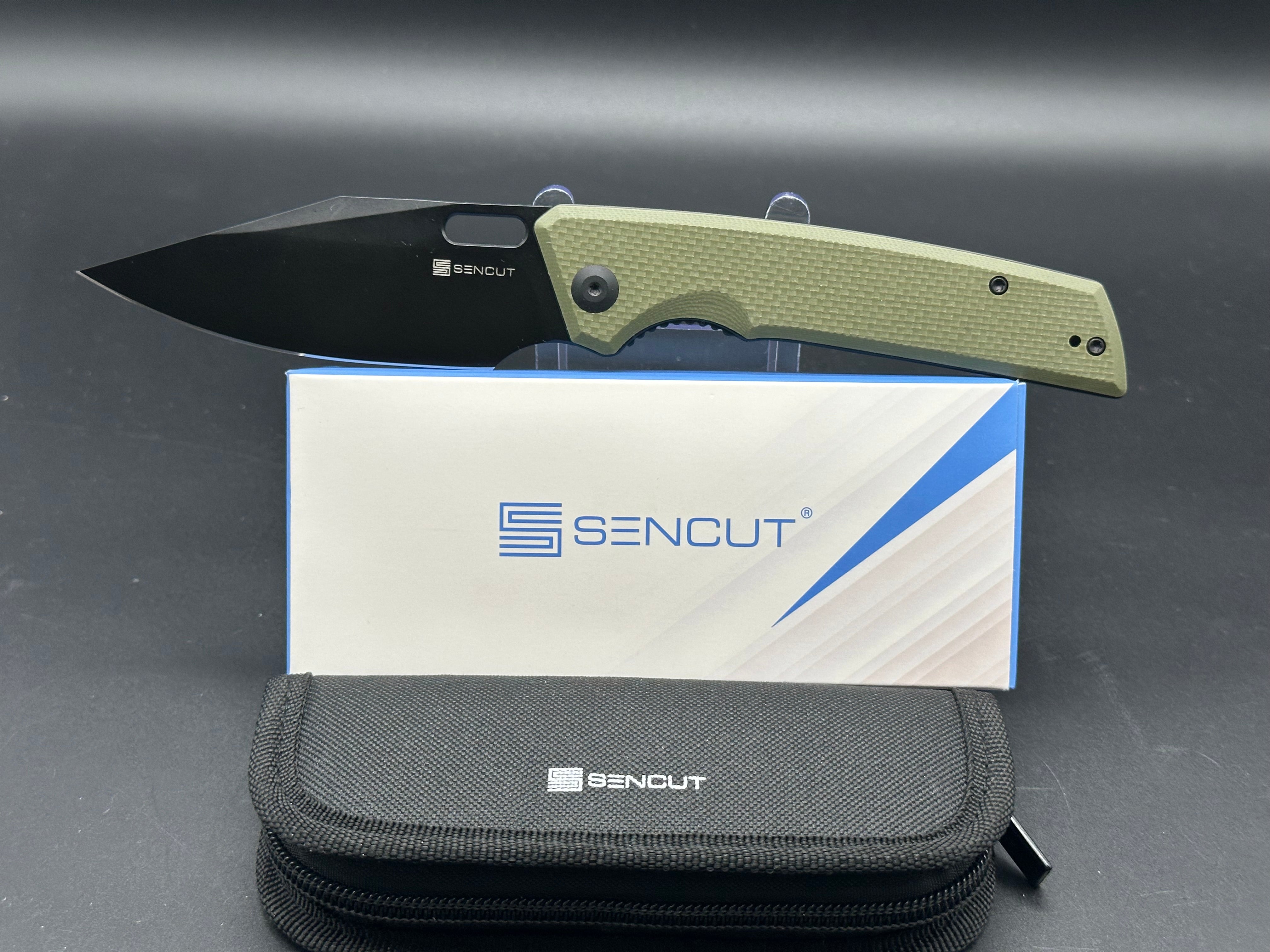 SENCUT GLIDESTRIKE Folding Pocket Knife - OD Green G10 Handle, 9CR18MOV Steel, Clip Point Plain Black Blade - EDC, Camping, Hiking & Outdoor Survival Tool