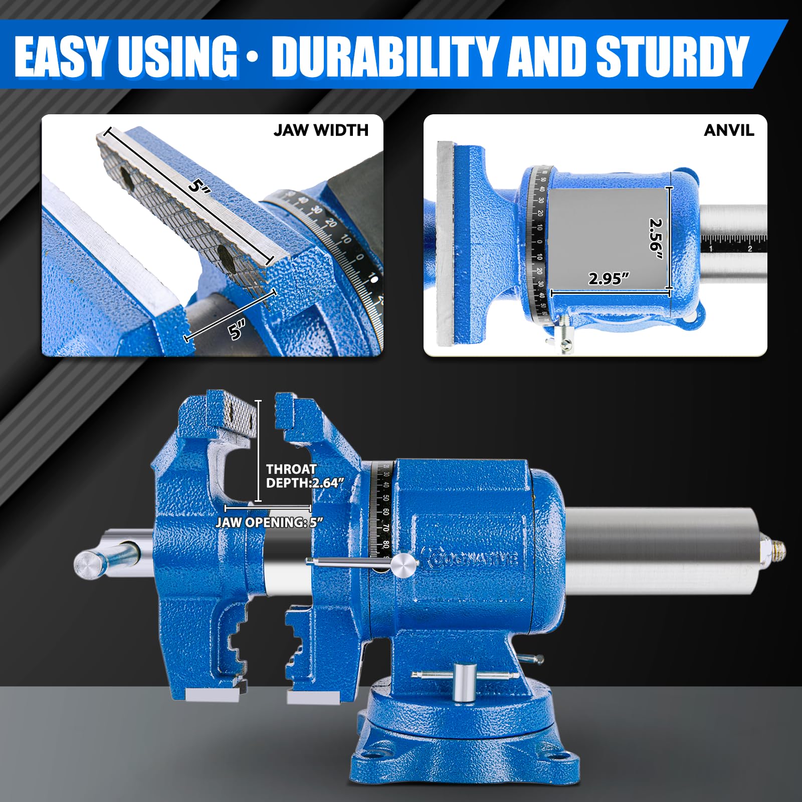 5-Inch Heavy Duty Bench Vise - 4000KG Clamp Force Ductile Iron Multi-Purpose Workbench Vice with 360° Rotation & Anvil (Blue) - Perfect for Metalworking, Woodworking & DIY Projects