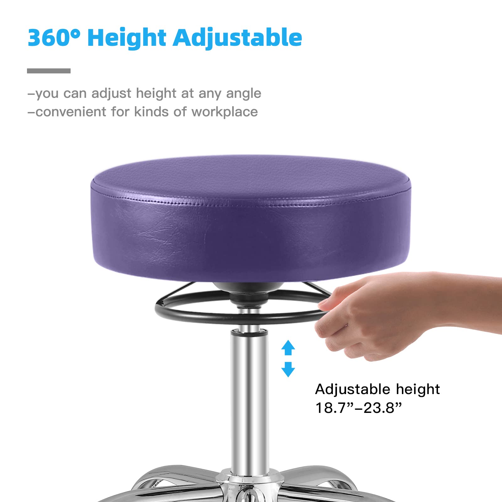 Heavy Duty Rolling Stool with Wheels - 400lbs Weight Capacity, Adjustable Swivel Chair for Tattoo, Massage, Salon, Spa, Drafting & Nail Tech - 360° Rotation, Leather Upholstery, Thick Padded Seat (Purple) - Perfect for Professional Studios, Home Office & Beauty Services