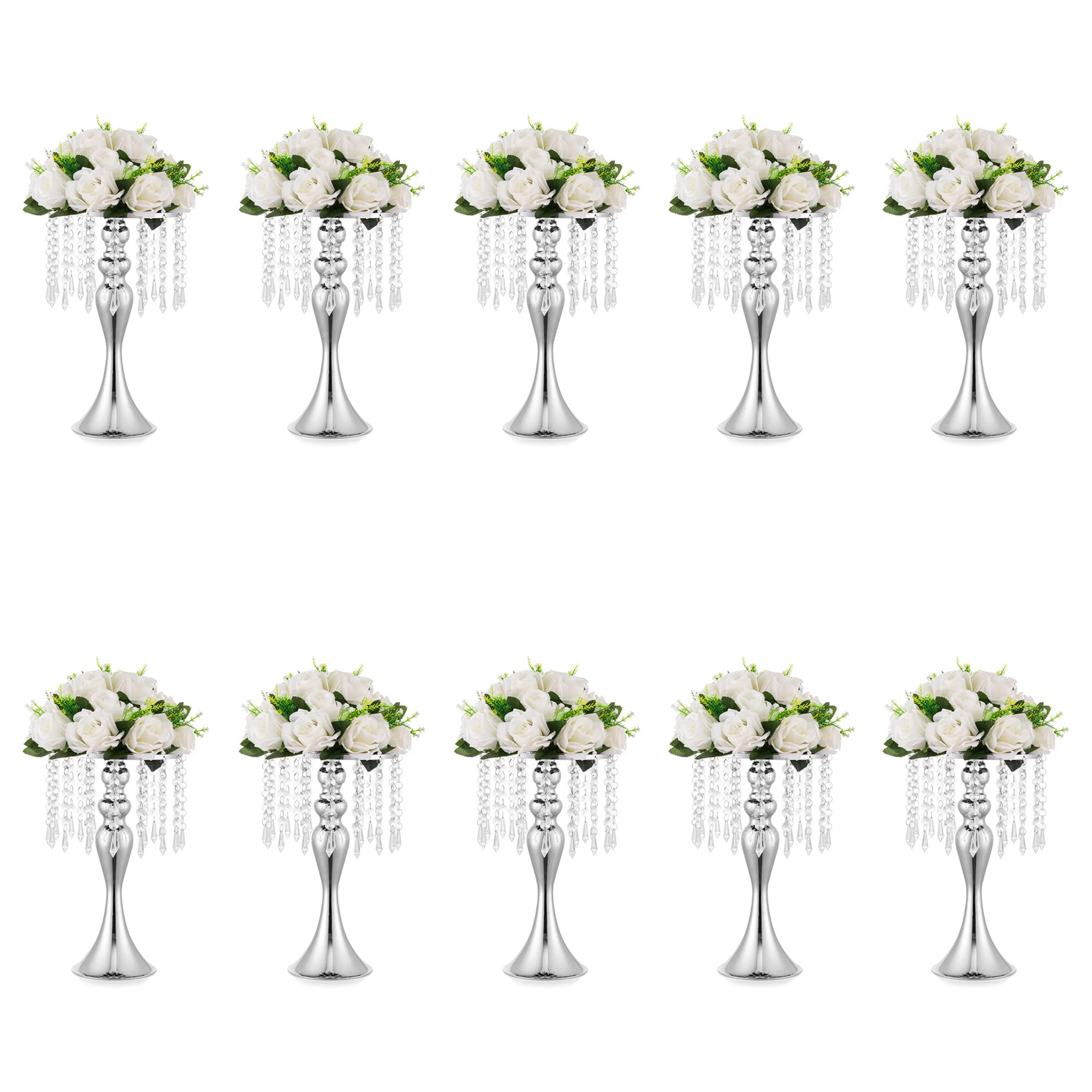 10 Pcs Silver Tall Metal Flower Vase Holders - 13.8 Inch Crystal Wedding Centerpieces for Tables, Events & Home Decor | Perfect for Wedding Reception, Birthday Party & Floral Arrangement Displays
