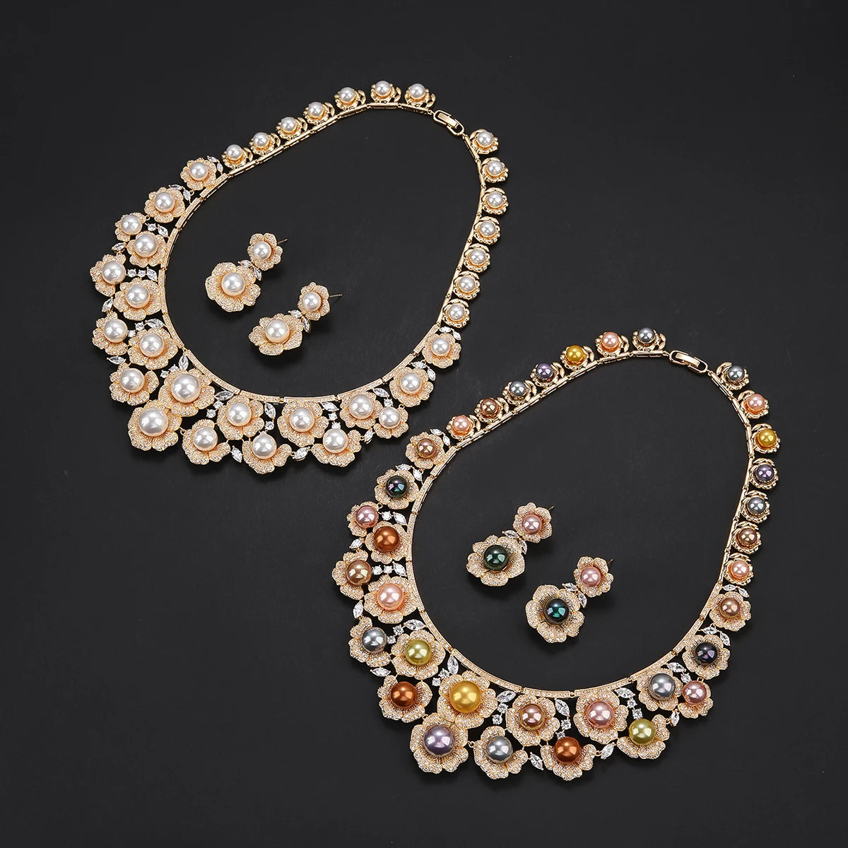 Luxury Flower Necklace for Women - High Quality Zircon Pearls Jewelry Set | Sparkling Bridal Party Costume Accessories | Perfect for Dubai Weddings, Evening Events & Special Occasions
