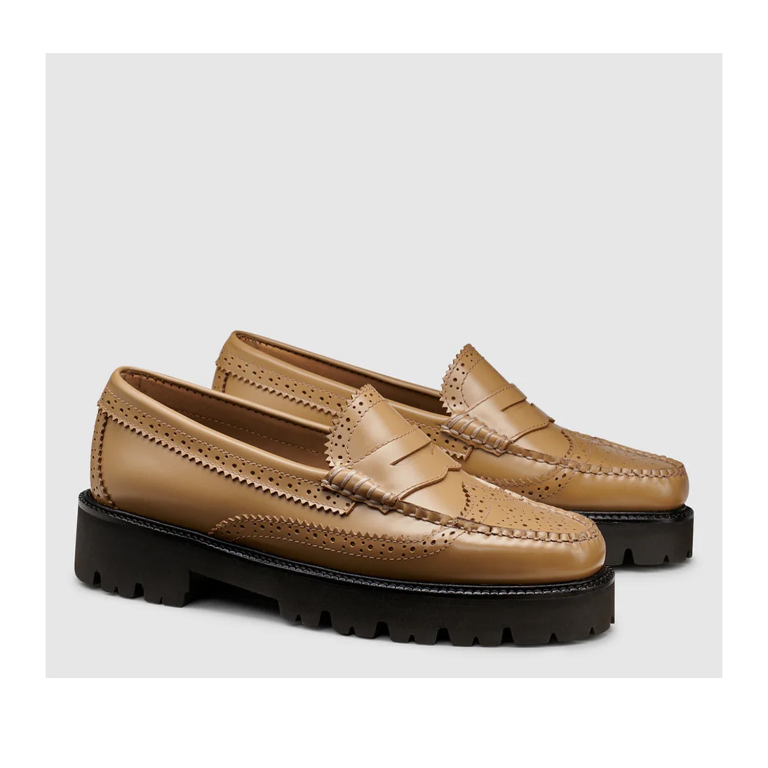 G.H. Bass Women's Whitney Brogue Super Lug Weejun Loafers in Tan | Classic Penny Loafers with Lug Sole | Perfect for Work, Casual Outfits & Fall Fashion