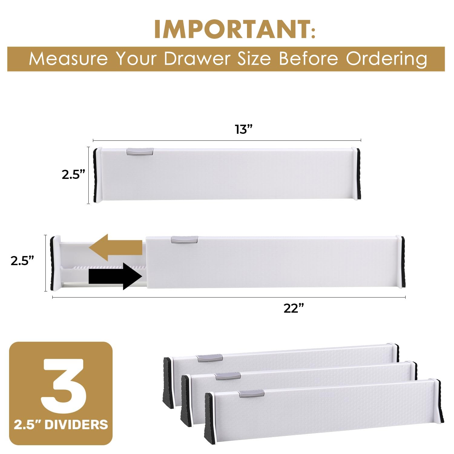 Adjustable Drawer Organizers 3-Pack, 2.5