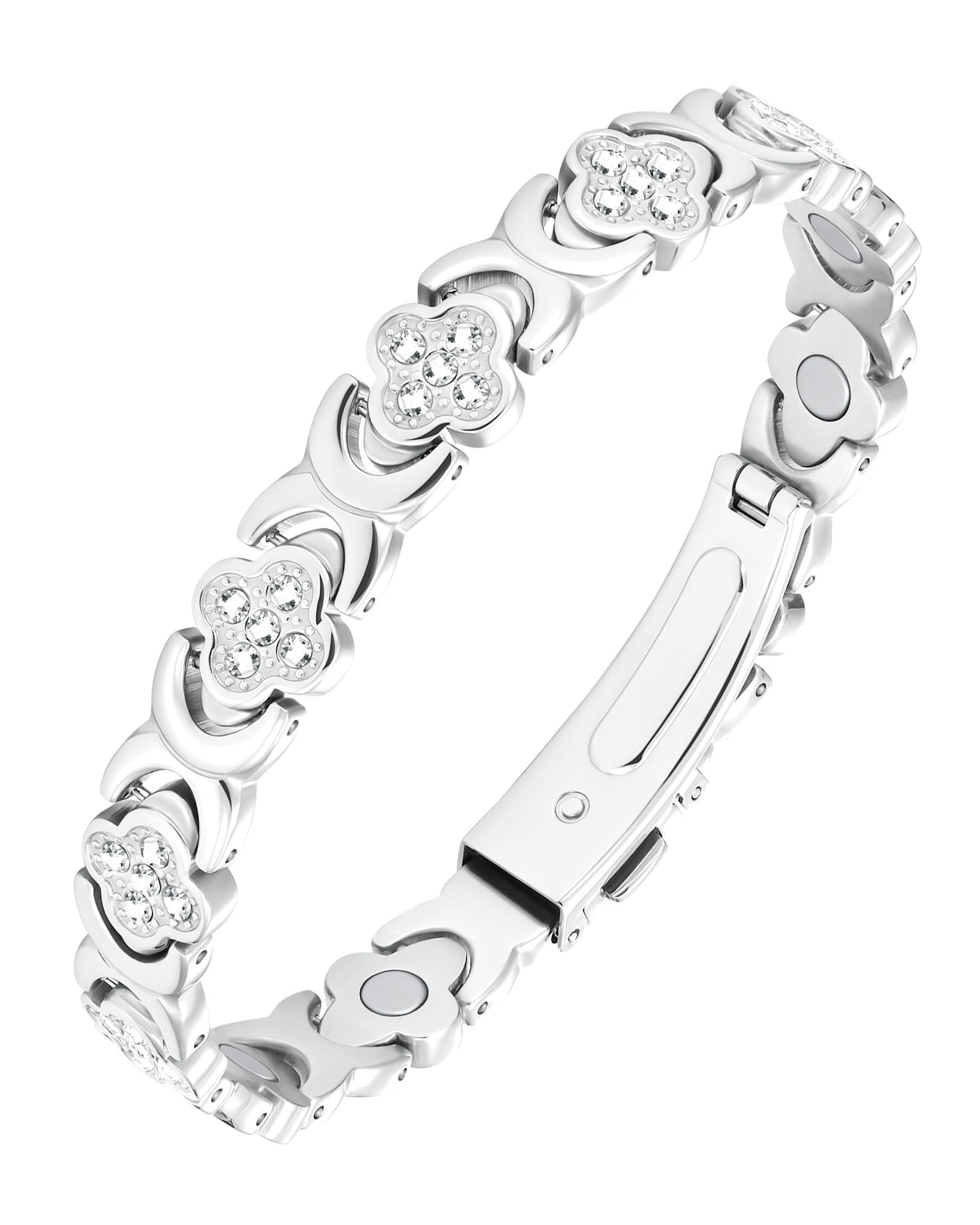 Jecanori Copper Magnetic Bracelet for Women - 3500 Gauss Magnets for Pain Relief & Healing, Four-Leaf Clover Design (Silver) - Perfect for Arthritis, Joint Pain & Wellness Therapy