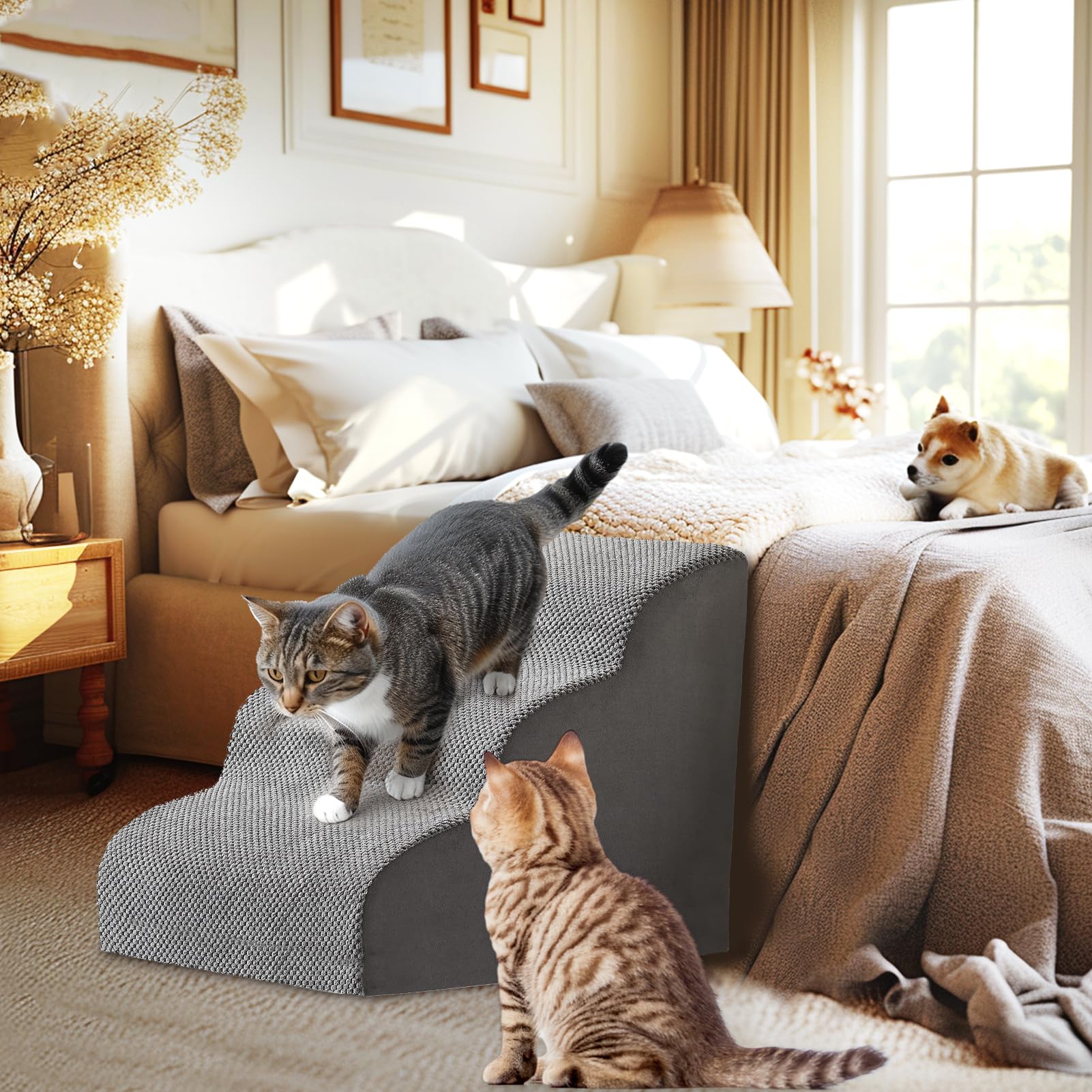 **4-Step Mity Rain Cat Stairs for Senior & Small Cats - Gentle Slope Design with Strong 3D Support - Perfect for Climbing on Beds, Chairs & Couches - Ideal for Elderly, Injured & Tiny Cats**