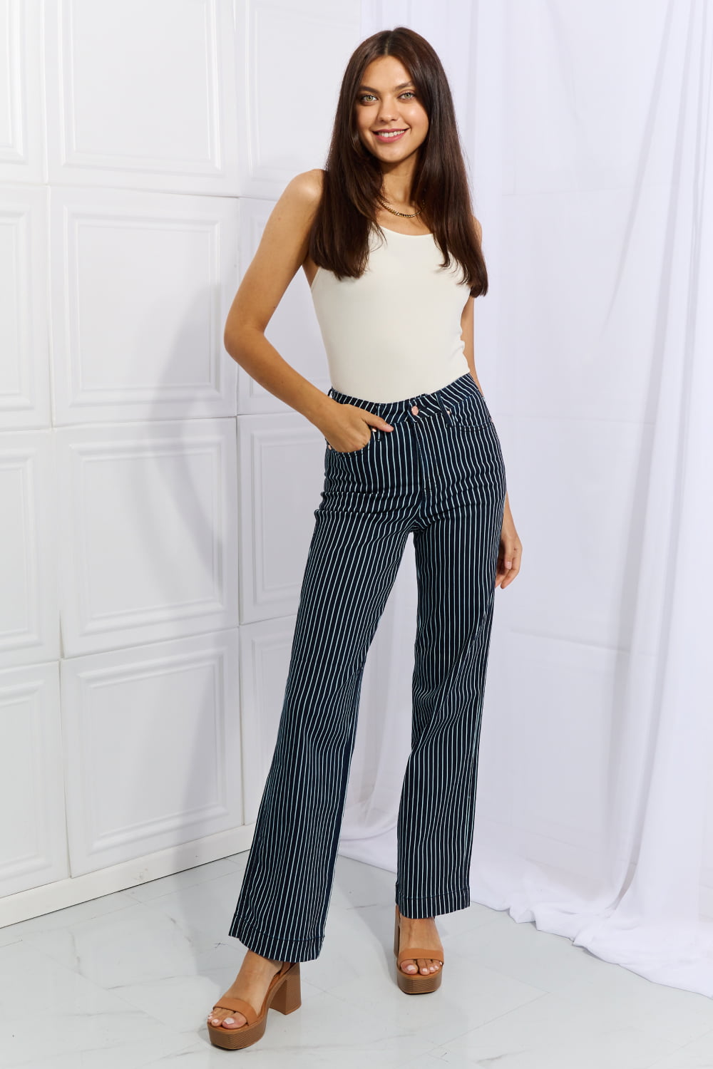 Judy Blue Cassidy High Waisted Tummy Control Straight Leg Jeans for Women - Slimming Denim Pants with Striped Design | Perfect for Casual Wear, Office Outfits & Date Nights