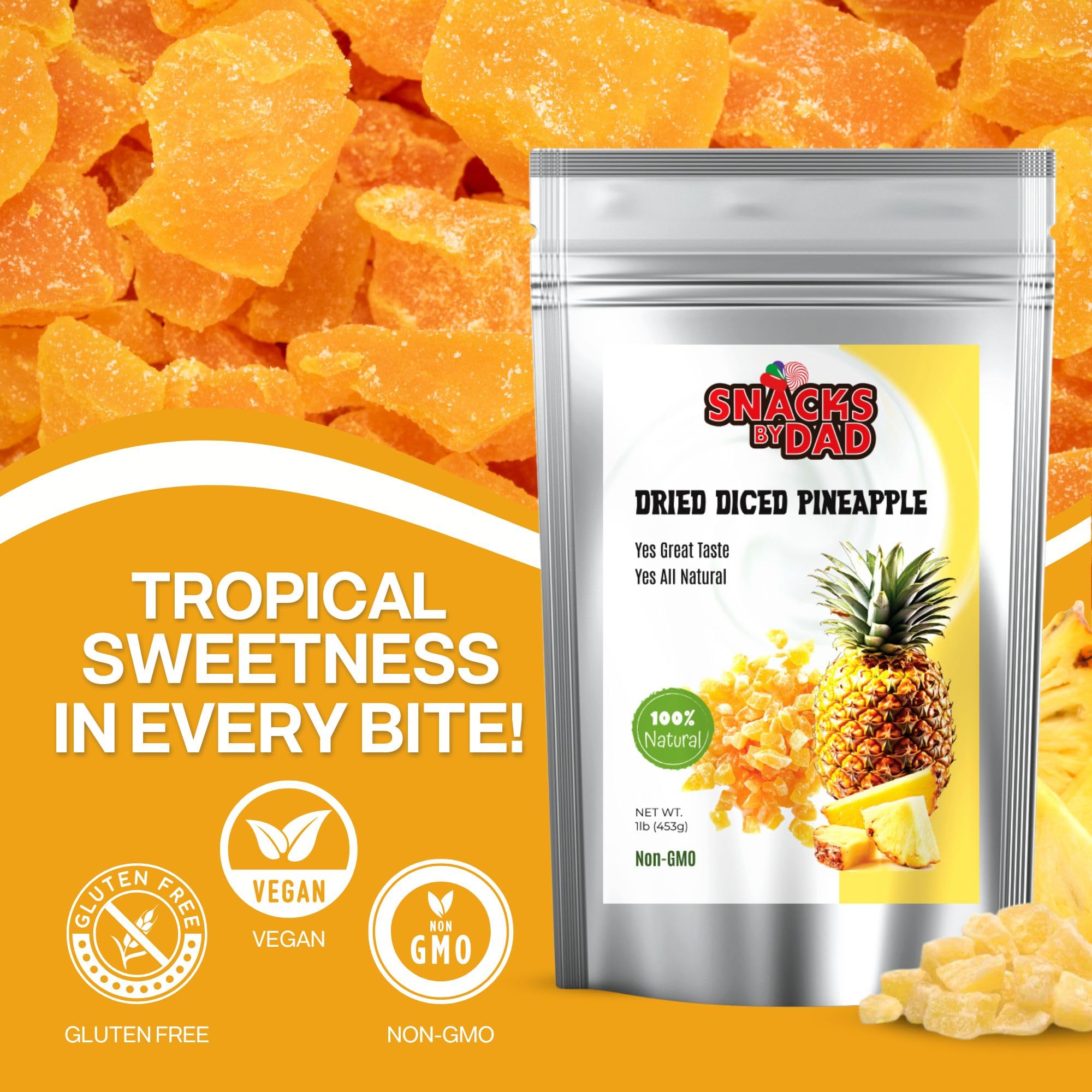 Organic Dried Pineapple Chunks – No Sugar Added, Gluten Free, Vegan Snack | 1 lb Resealable Bag | Healthy Dried Fruit for Kids & Adults | Perfect for Lunch Boxes, Hiking, Travel & Office Snacking