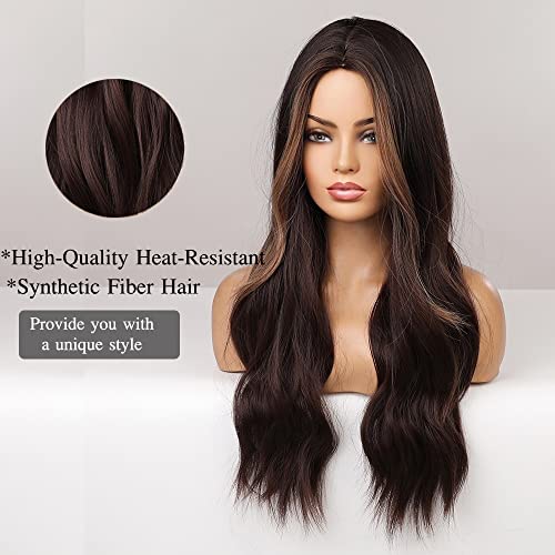 Dark Brown Heat Resistant Synthetic Fiber Wig with Bold Front Highlights - Perfect for Cosplay, Costume Parties & Daily Fashion