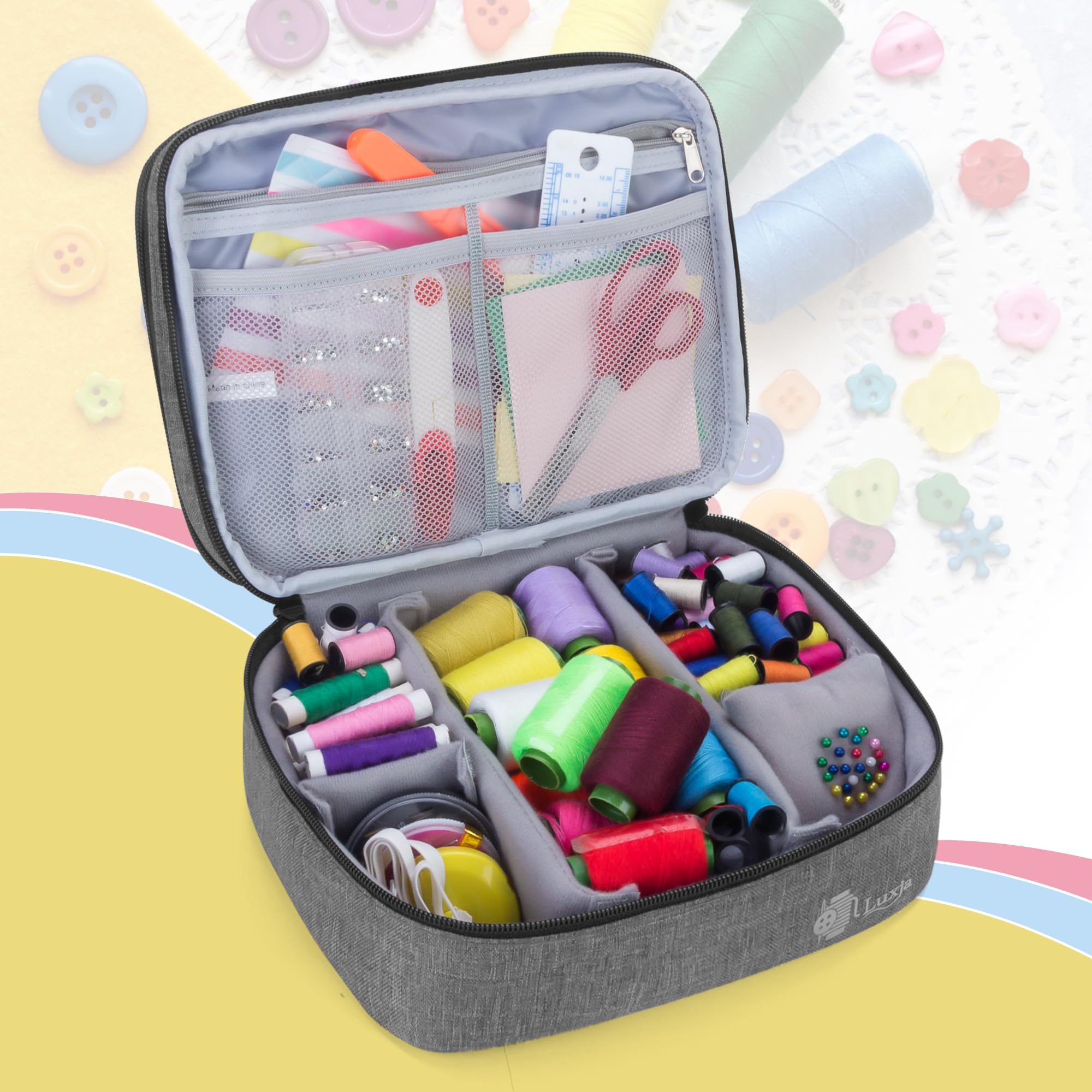Luxja Double-Layer Sewing Supplies Organizer - Medium Gray Sewing Bag for Needles, Thread, Scissors & Measuring Tape - Perfect for Sewing Kits, Craft Storage & Travel Sewing Projects