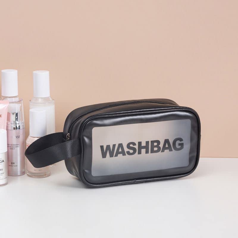 VALAMJI Clear Waterproof Travel Toiletry Bag with Zipper & Handle - Portable Cosmetic Organizer for Women & Girls (Black, Small) - Perfect for Airplane Carry-on, Gym, Beach & Daily Essentials Storage