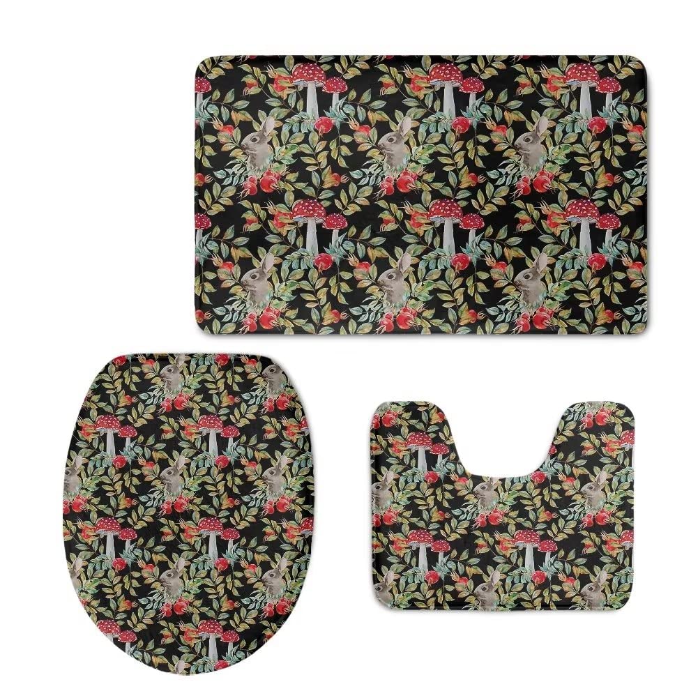 UNICEU 3-Piece Bathroom Rug Set - Non-Slip Mushroom Cartoon Rabbit Print Bath Mat, Contour Mat & Toilet Lid Cover - Soft Absorbent Microfiber for Bathroom, Kids Room & Nursery Decor