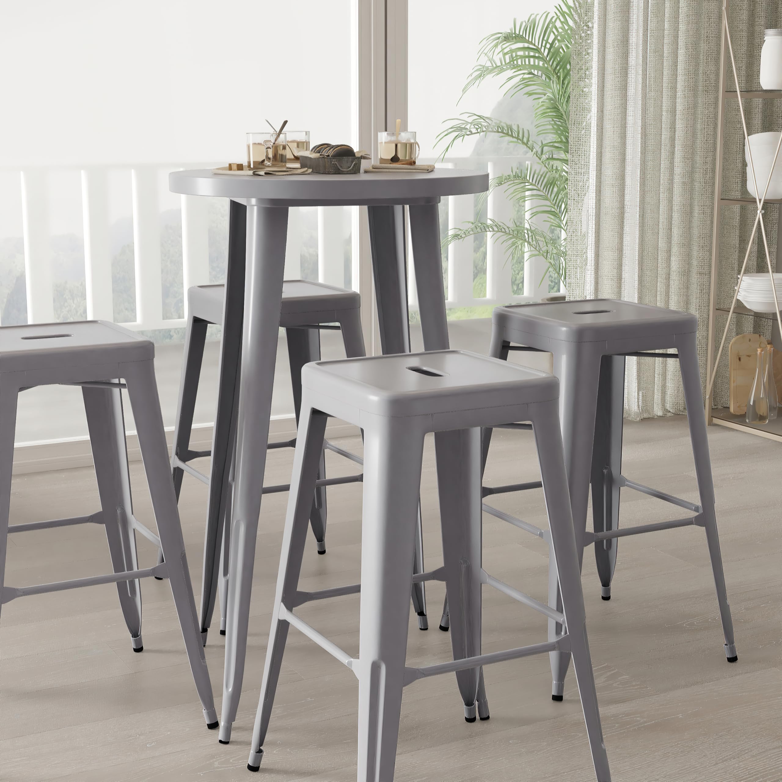 Merrick Lane Giosetta 5-Piece Bar Table Set - Silver Powder-Coated Metal Frame with 24
