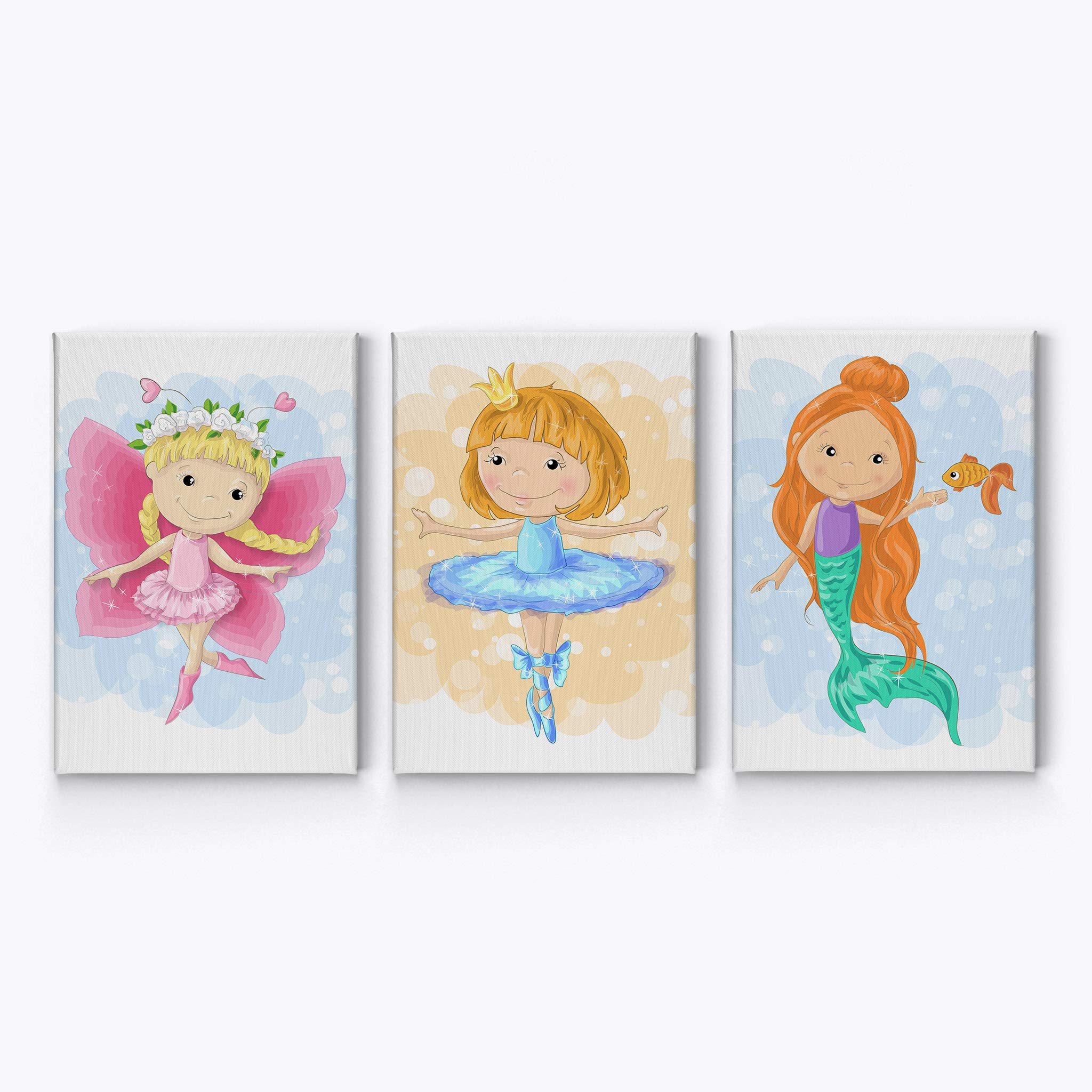Smile Art Design Cute Fairy Ballerina Mermaid Canvas Wall Art - 3 Panel Canvas Print Set for Kids Room, Nursery & Baby Room Decor - Ready to Hang (22x15 Inches Each) - Perfect for Bedroom, Playroom & Gift Ideas - Made in USA