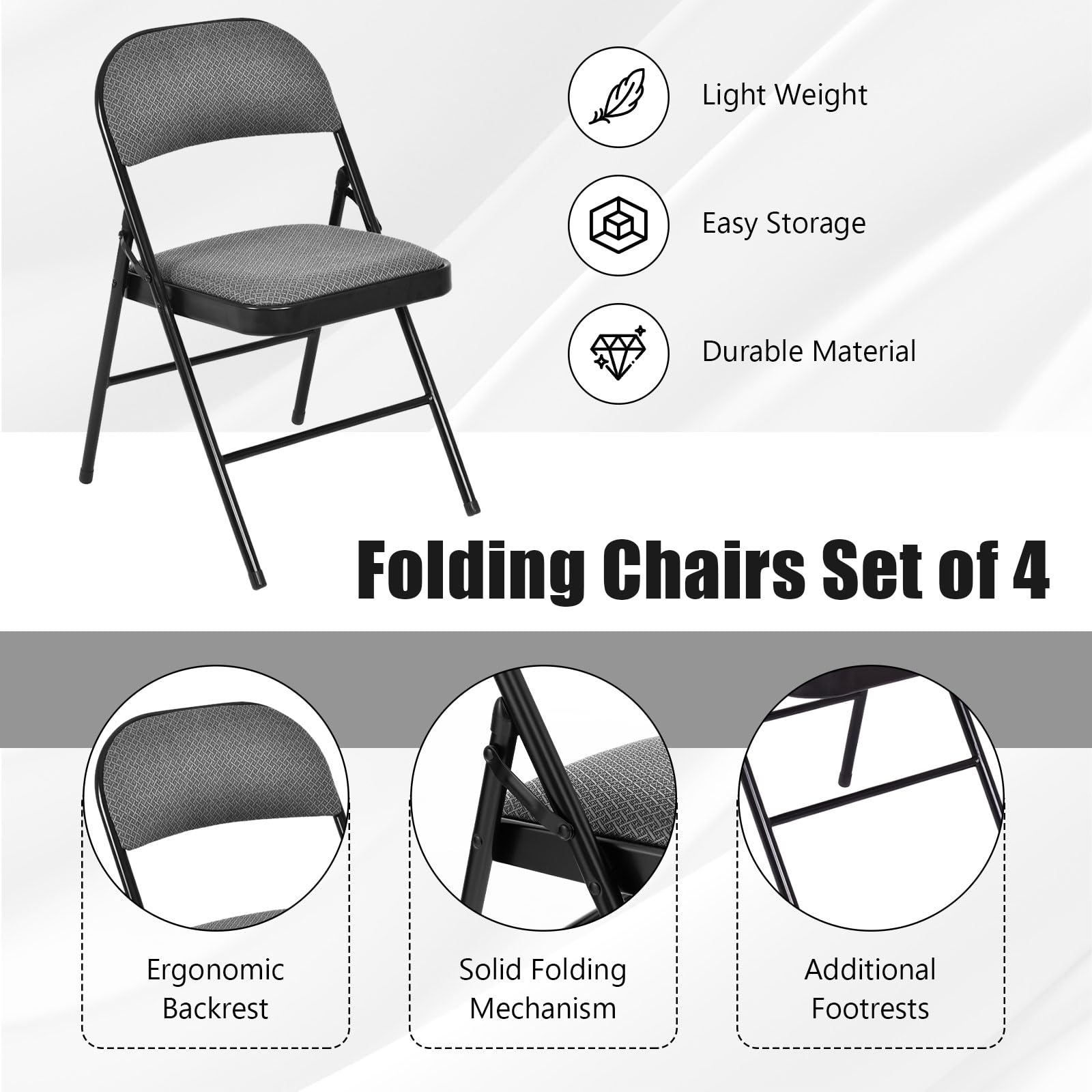 4 Pack Moccha Folding Chairs - Stackable Fabric Commercial Chairs with Sturdy Metal Frame, Lightweight Portable Foldable Chairs with Padded Seat - Perfect for Home, Office, Wedding, Party, Indoor & Outdoor Events (Gray)