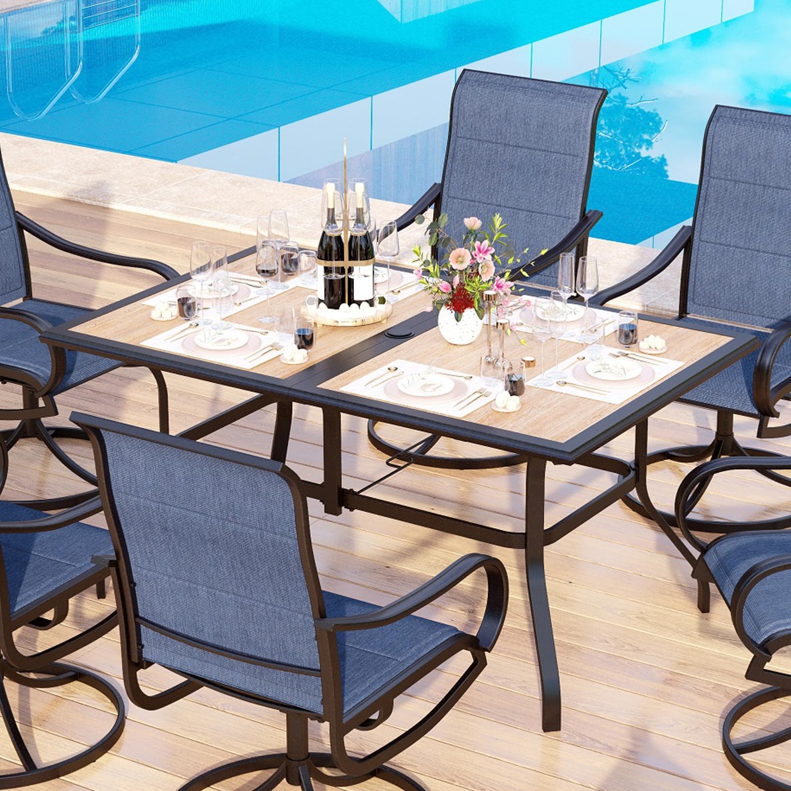 MFSTUDIO 6-Person Outdoor Patio Dining Table - Rectangular Metal Frame with Weather-Resistant Wood-Look Top - Perfect for Backyard, Deck, Garden & Poolside Dining with Umbrella Hole