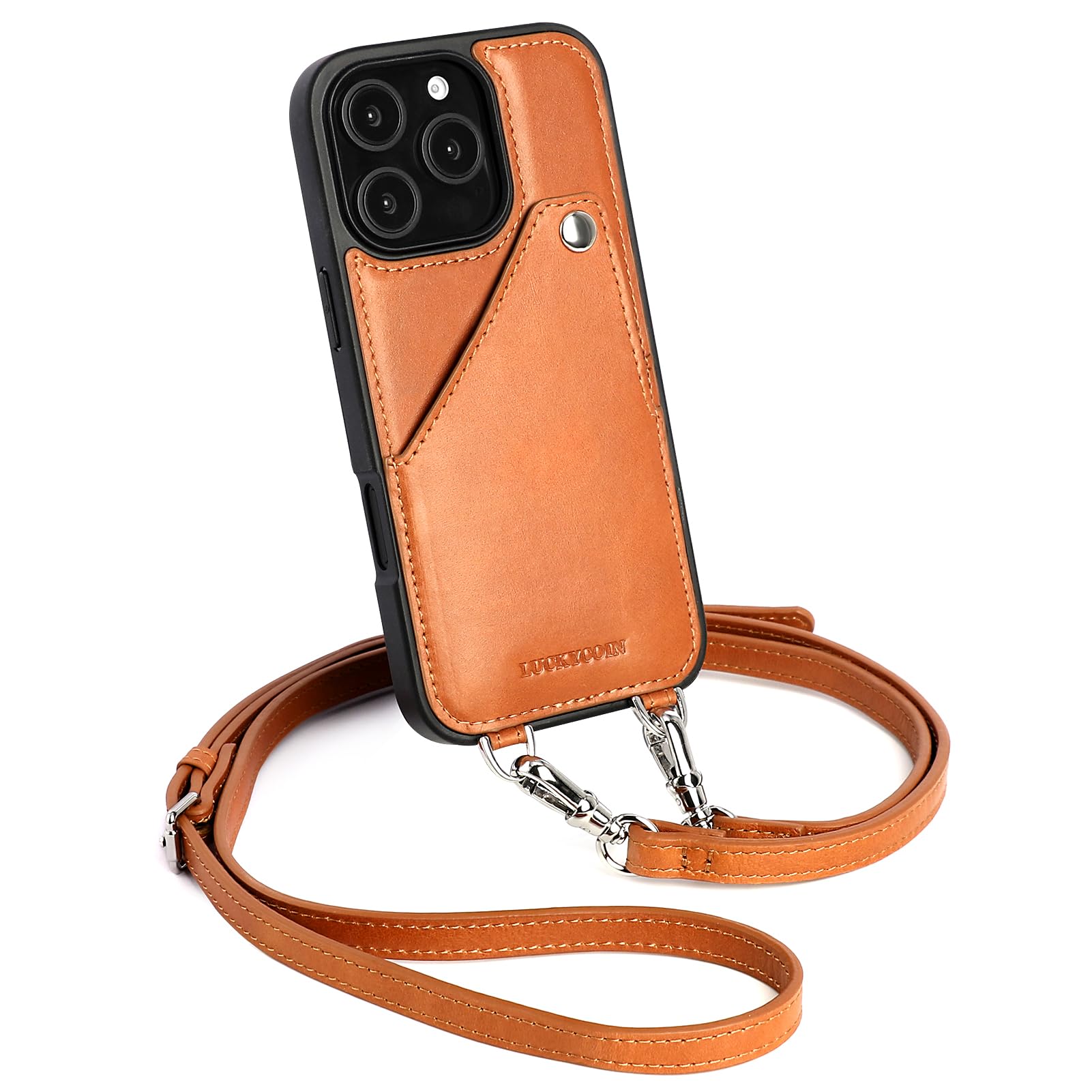 Leather Wallet Case for iPhone 16 Pro - Crossbody Lanyard & Card Holder (Brown) | Perfect for Women's Daily Use