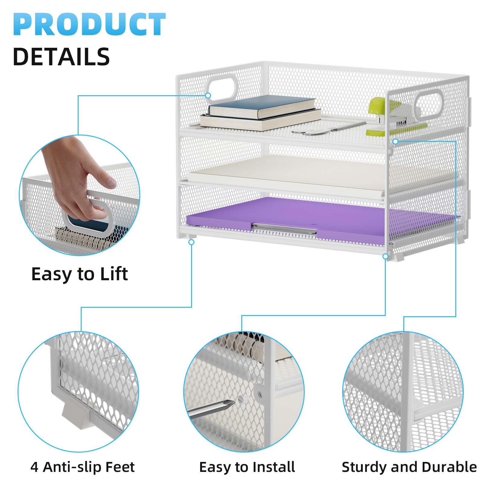 Marbrasse 3-Tier Mesh Paper Organizer with Handle - White Desktop File Sorter for Home Office, School & Workspace - Perfect for Mail, Documents, Bills & Office Supplies Organization