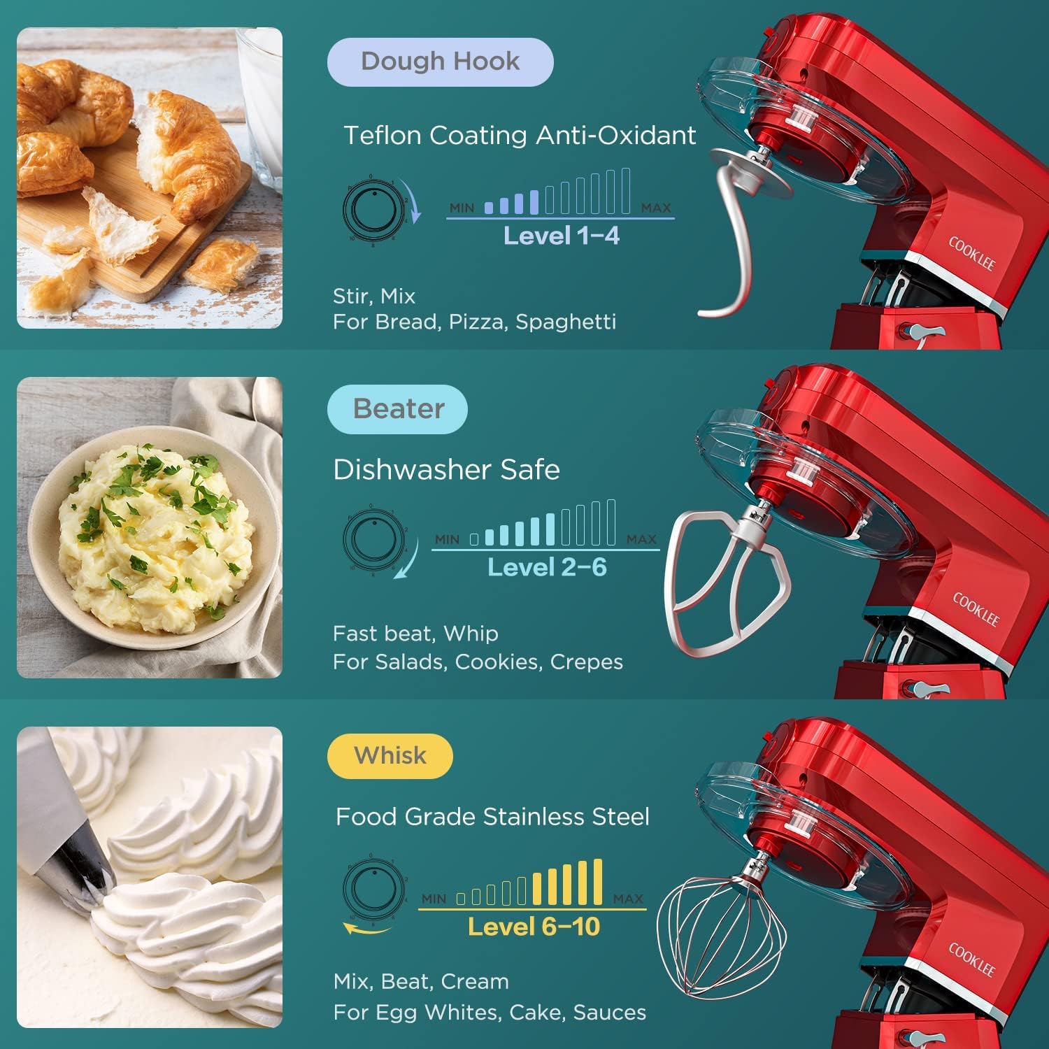 COOKLEE 6-in-1 Stand Mixer 8.5 Qt - Powerful Electric Kitchen Mixer with 9 Attachments for Baking, Whipping & Kneading - Perfect for Home Bakers & Cooking Enthusiasts (SM-1507BM, Ruby Red) - Ideal for Making Cakes, Cookies, Bread & More