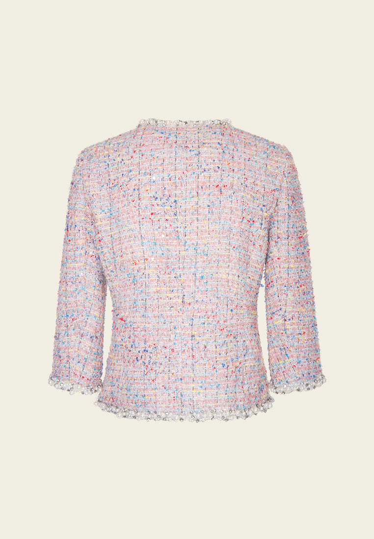 Stylish Mixed Tweed Jacket with Embellished Trim & Patch Pockets | Women's Fashion Outerwear for Office, Dating & Special Occasions