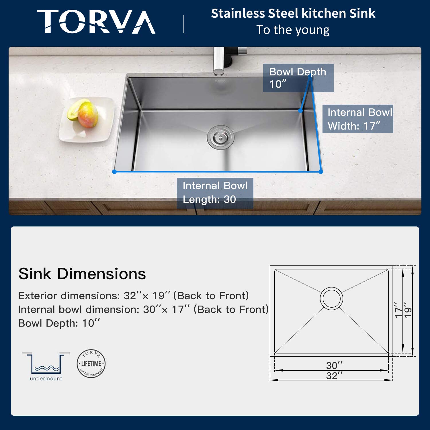TORVA 32-Inch Undermount Kitchen Sink - Premium 304 Stainless Steel Bar Sink with 10-Inch Deep Single Bowl | Perfect for Restaurants, Bars & Home Kitchens